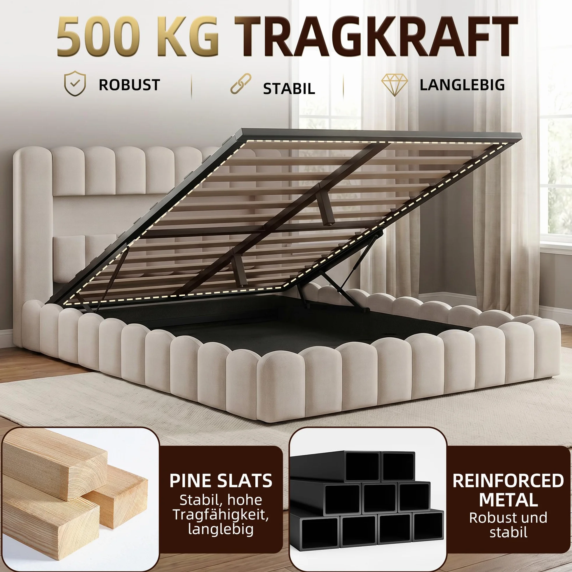 Cama tapizada de 160 x 200 cm con cajón, cama de 160 x 200 cm con espacio de almacenamiento hidráulico, cabecero con LED y USB, marco de cama doble con somier, lino beige, sin colchón