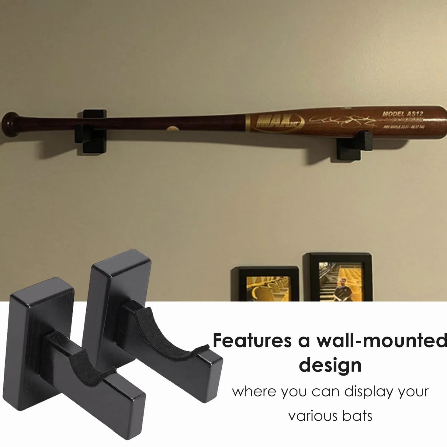 Soporte para bate de béisbol de madera horizontal, negro