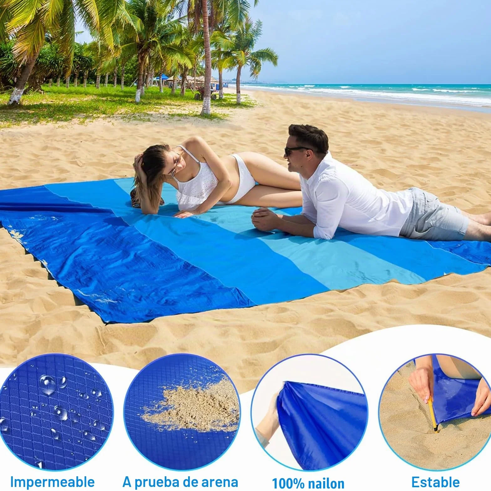 Manta de Playa Grande 210x230cm, Esterilla a Prueba de Arena, Alfombra de Picnic Ligera con Estacas