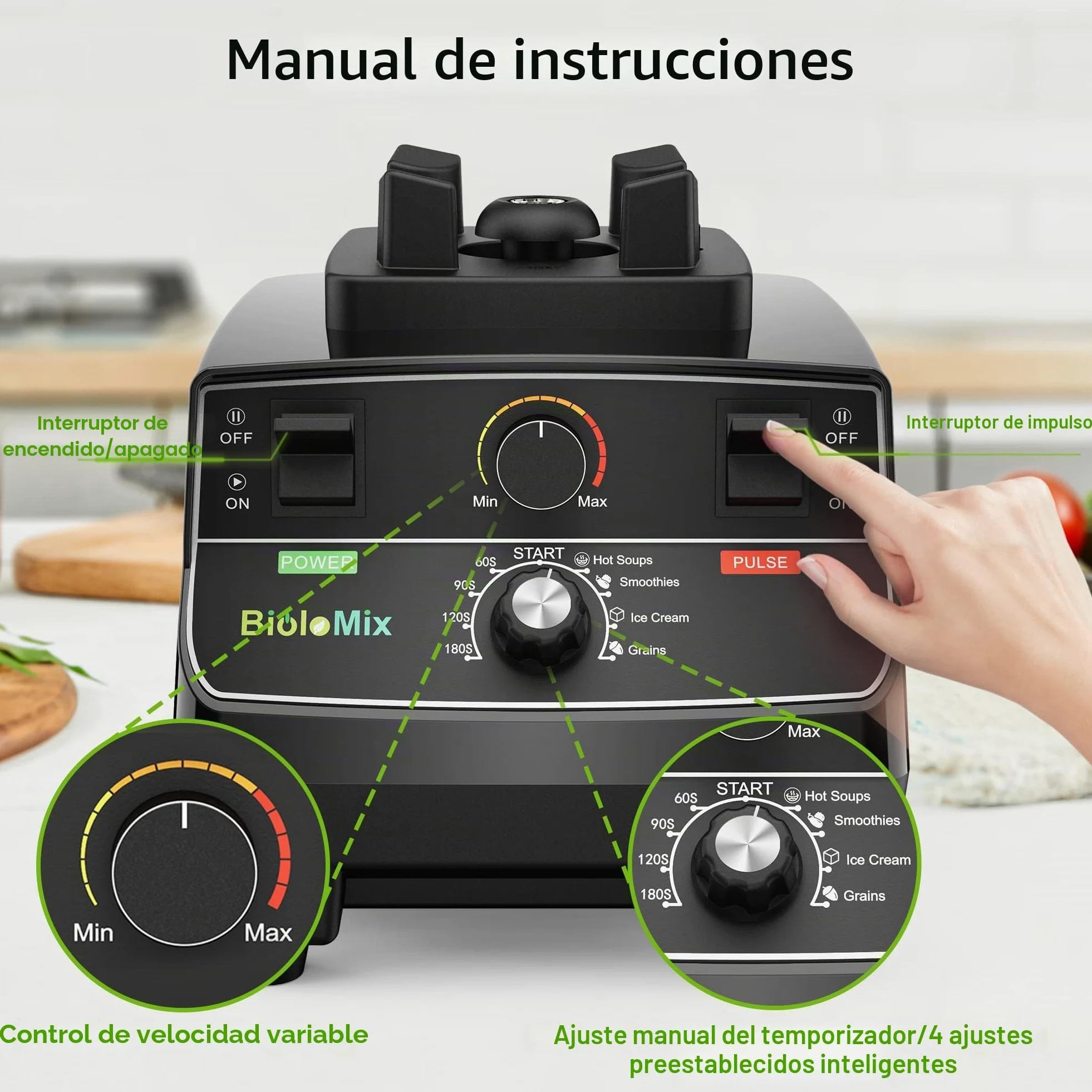 BioloMix Batidora de alto rendimiento de 2200W, | Función de autolimpieza, recipiente de 2 L y vaso de viaje de 600 ml, sin BPA