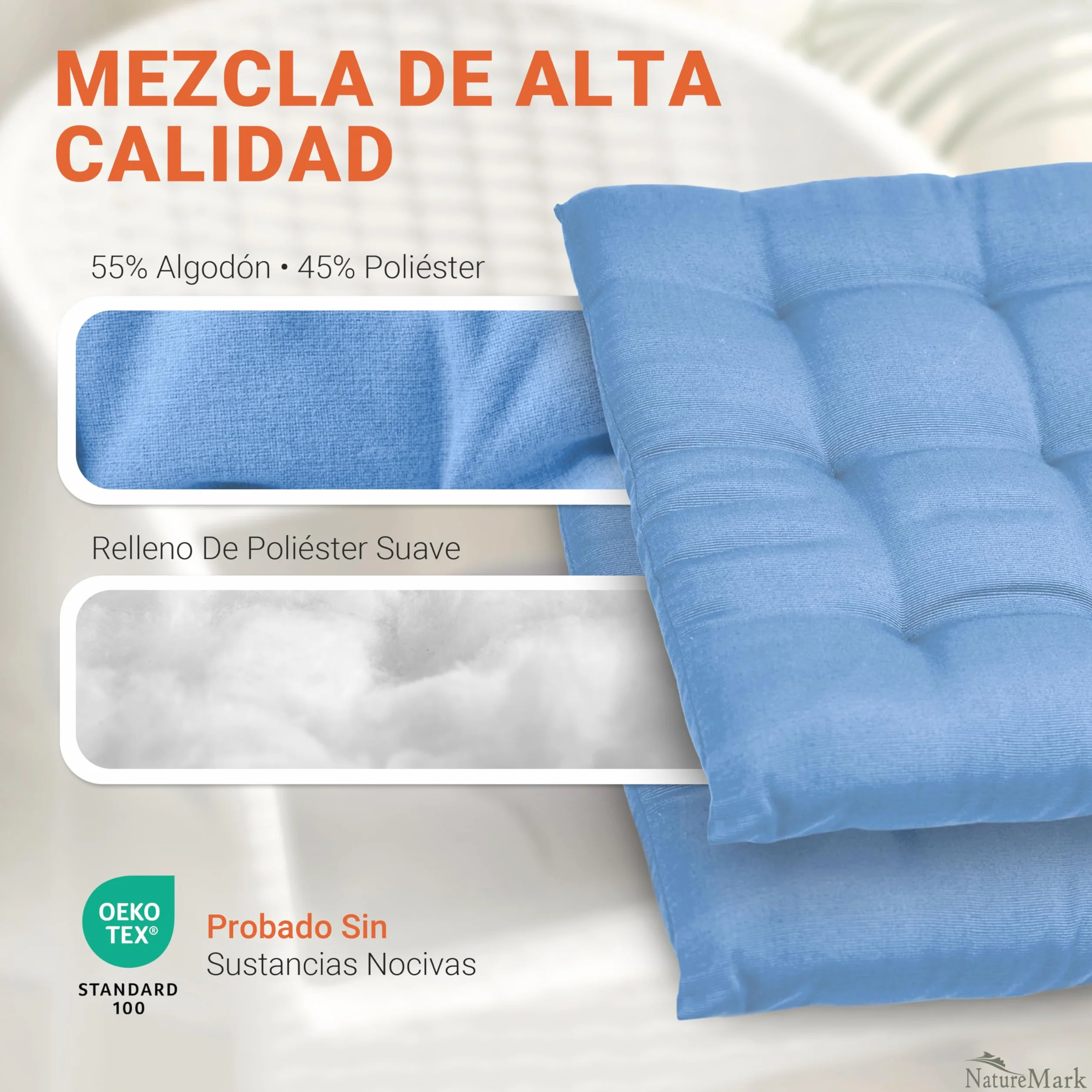 NatureMark Set de 4 Cojines para Sillas con Lazos 40x40 cm – Cojín de Asiento Relleno para Cocina, Jardín y Terraza – Color Azul Claro