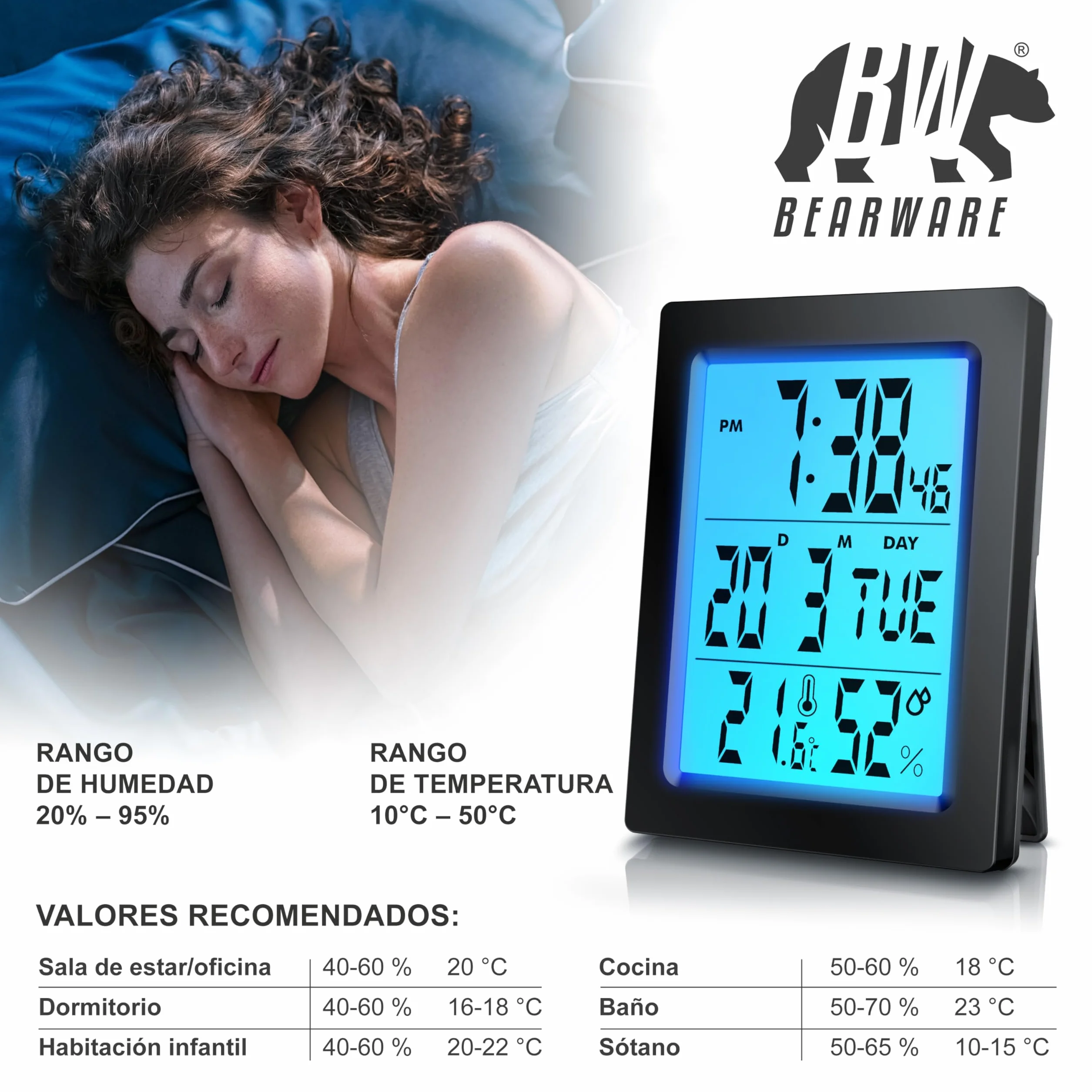 Reloj Despertador Digital con 9 cm Pantalla LED de Temperatura Humedad Fecha y día, Alarm Cloc Snooze Termómetro Formato 12/24 horas, Reloj digital de Mesa de Viaje para Sala de Oficinas Familiares