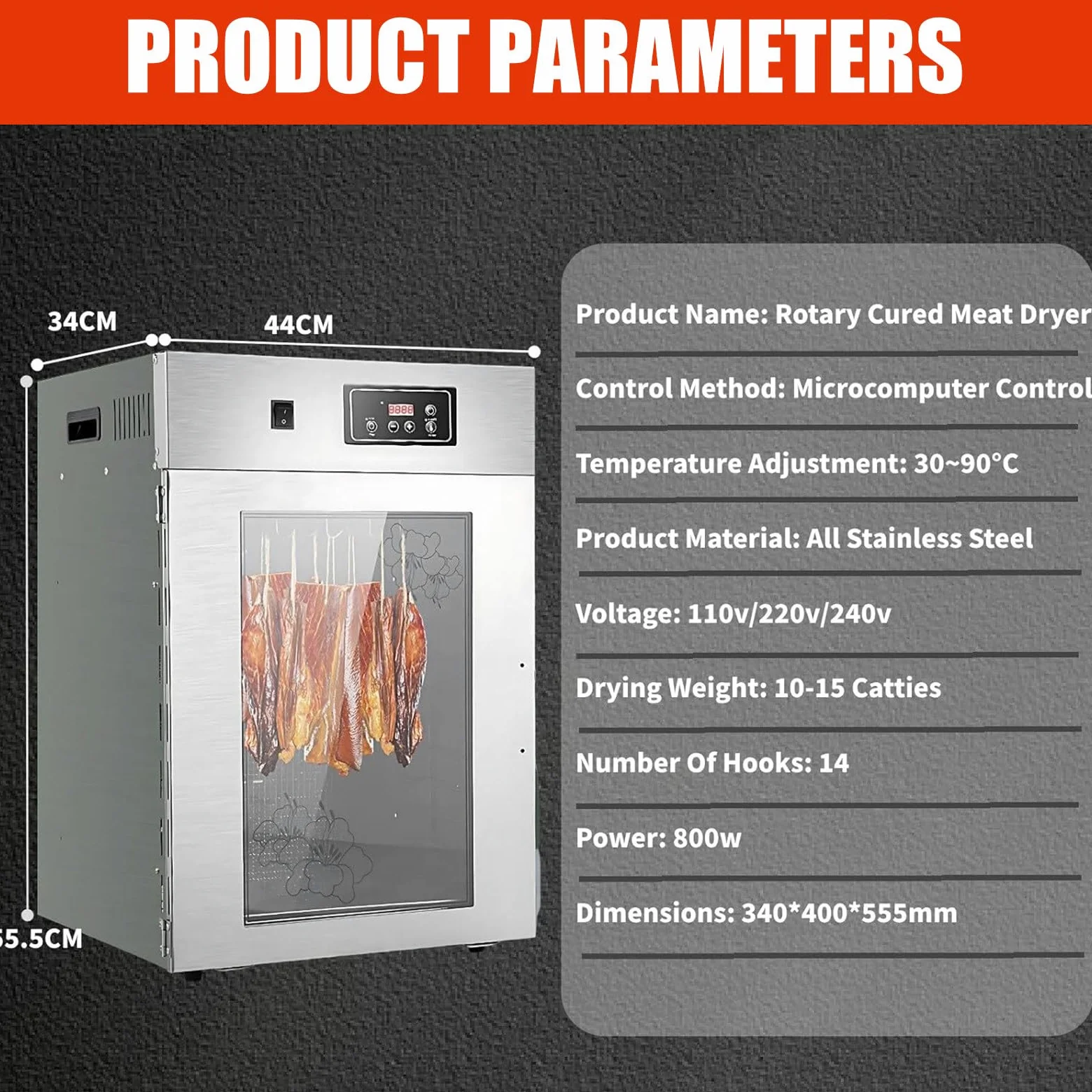 Deshidratador de alimentos y armario de secado de acero inoxidable para biltong, grande, 7,5 kg/15 kg, 14 varillas para colgar, deshidratador de alimentos de 800 W para cecina, control de tempera