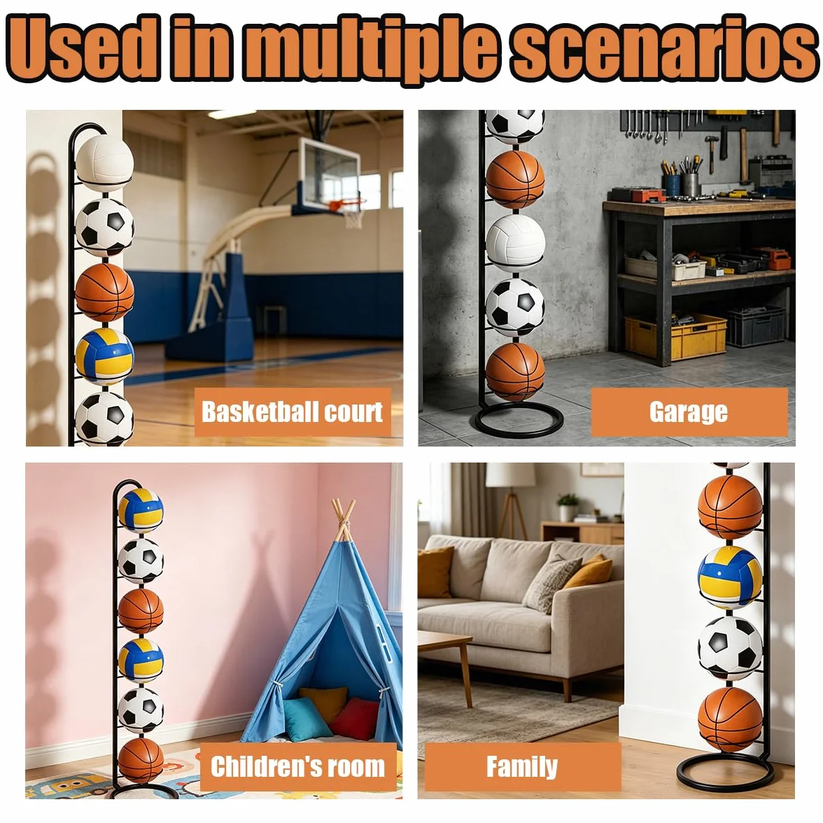 Soporte para Balones de Metal, Estante de Almacenamiento para Baloncesto, Fútbol y Voleibol
