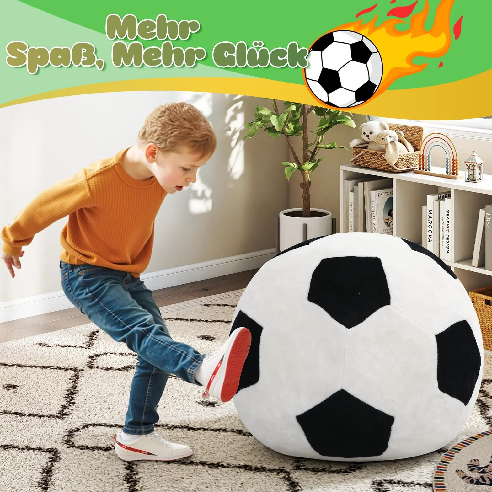 MeMoreCool Puf infantil diseño de fútbol – Suave franela Beanbag con relleno de espuma de alta densidad – Sillón acogedor para niños y niñas en el rincón de la habitación infantil y sala de juegos
