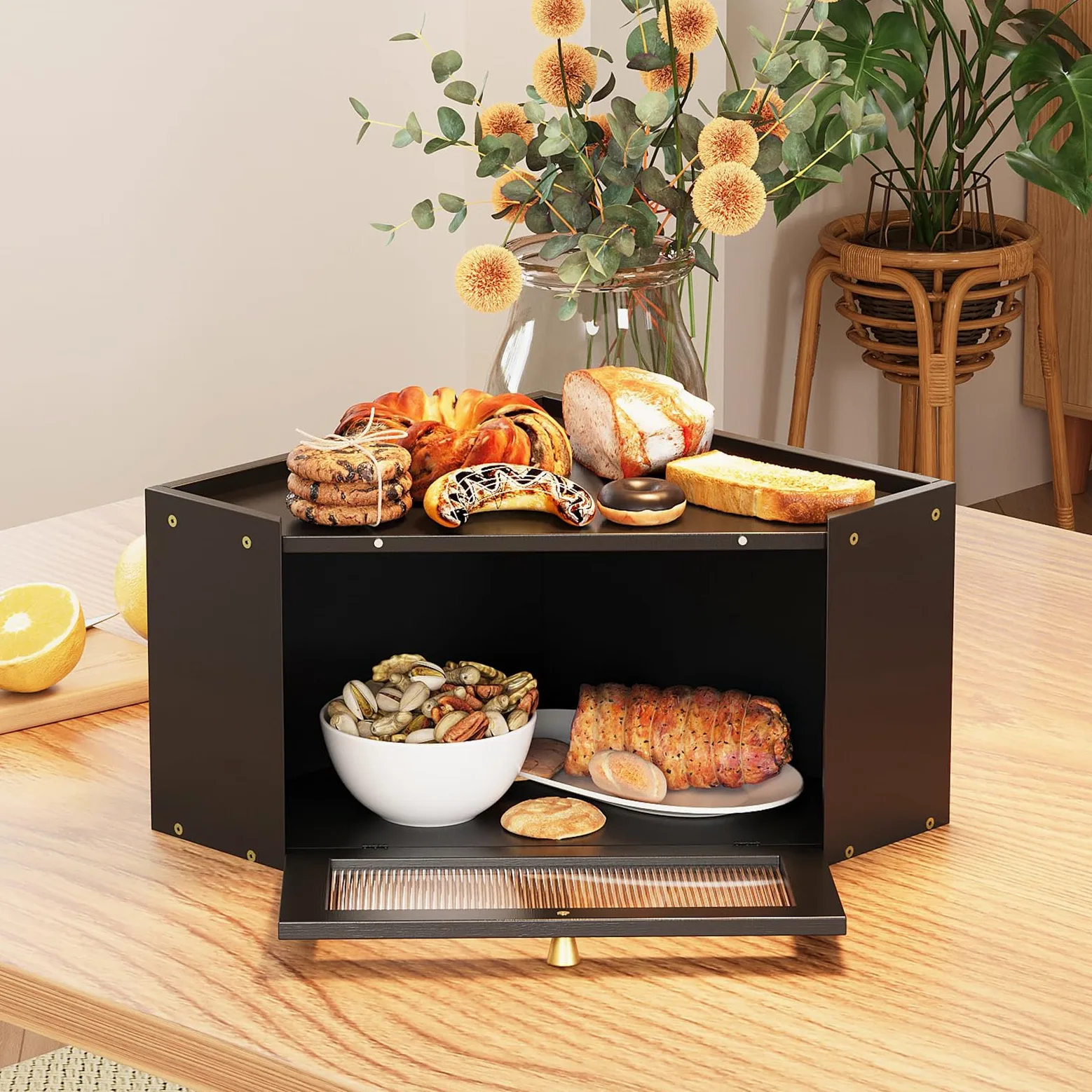 VEDECASA Panera de esquina para cocina de bambú con puerta acrílica transparente, cesta de pan negra para esquinas de cocina, gran fiambrera en diseño rústico, 32 x 32 x 20 cm