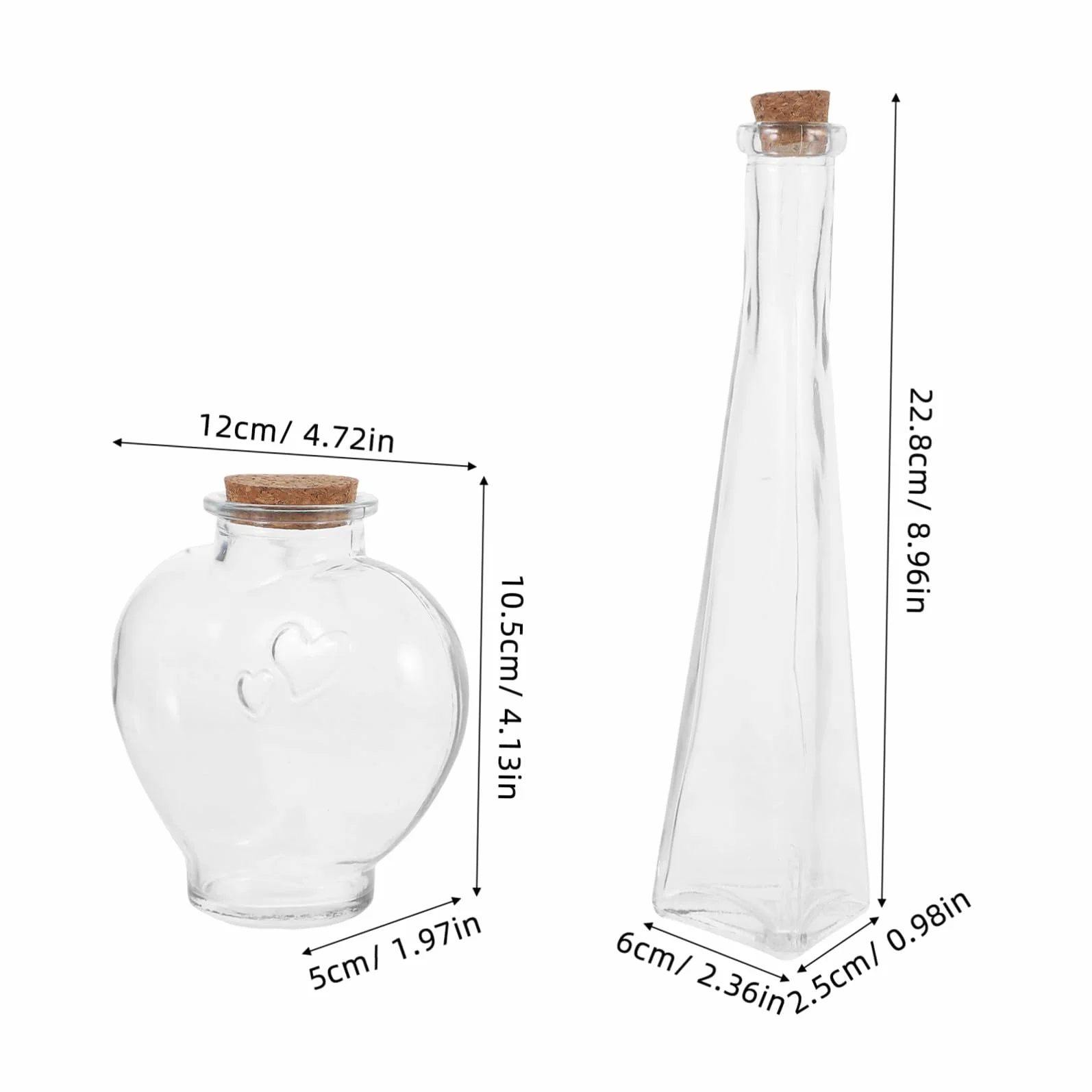 Juego de 3 Botellas Decorativas de Vidrio para Marco Ceremonia Arena Forma de Corazón y Prisma, Ideales para Boda y Uso DIY