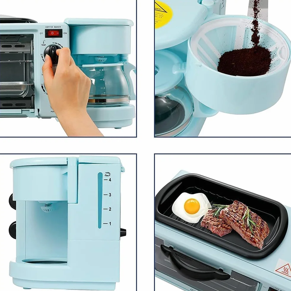 Máquina de Desayuno Eléctrica 3 en 1, Estación de Desayuno Multifuncional de 1050 W con Cafetera, Control de Temperatura de 100-230 ° y Temporización de 30 Minutos, Mini Horno para Máquina Blue