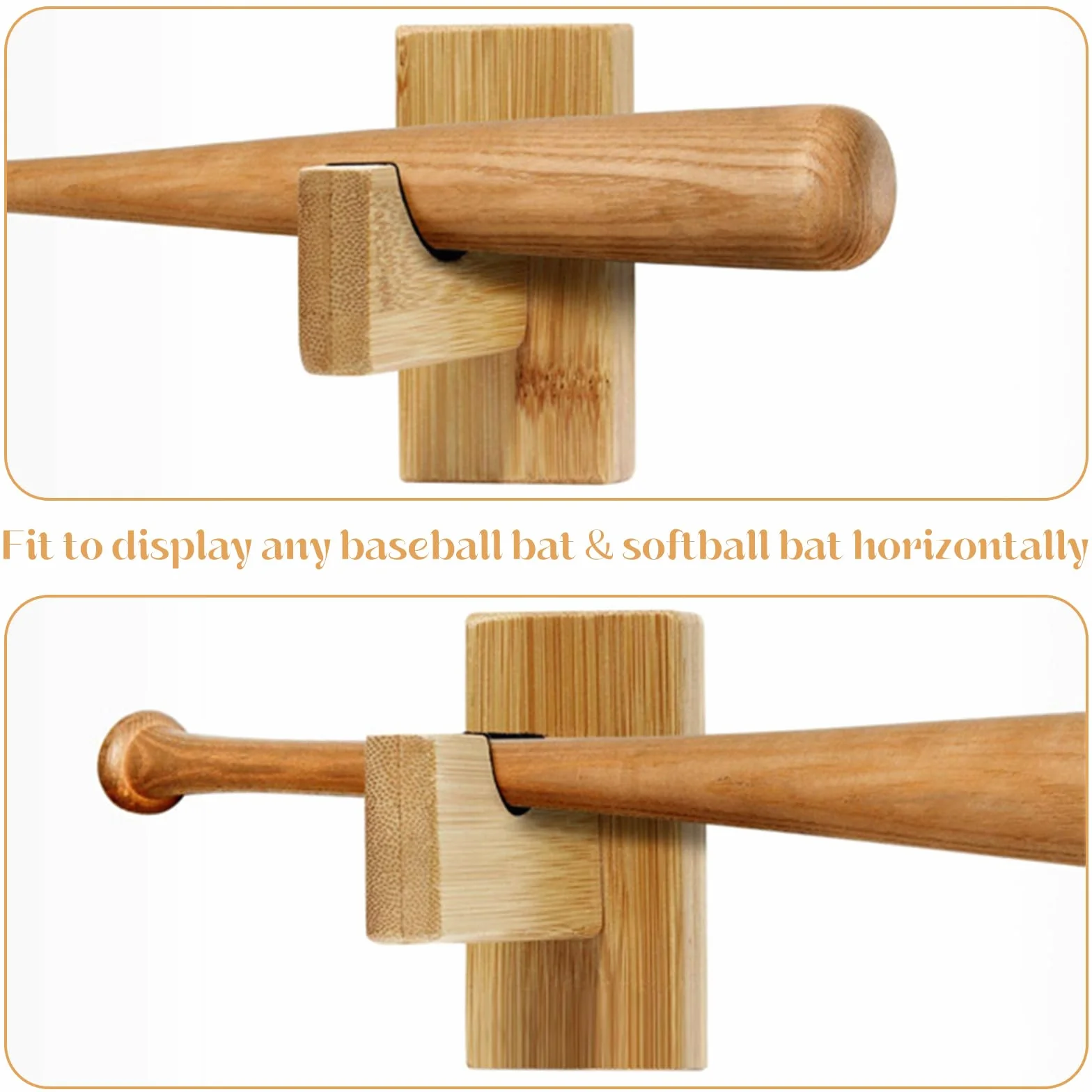 Soporte de Bate de Béisbol de Madera Maciza, Pantalla Horizontal, 2 Piezas, con Forro de Fieltro