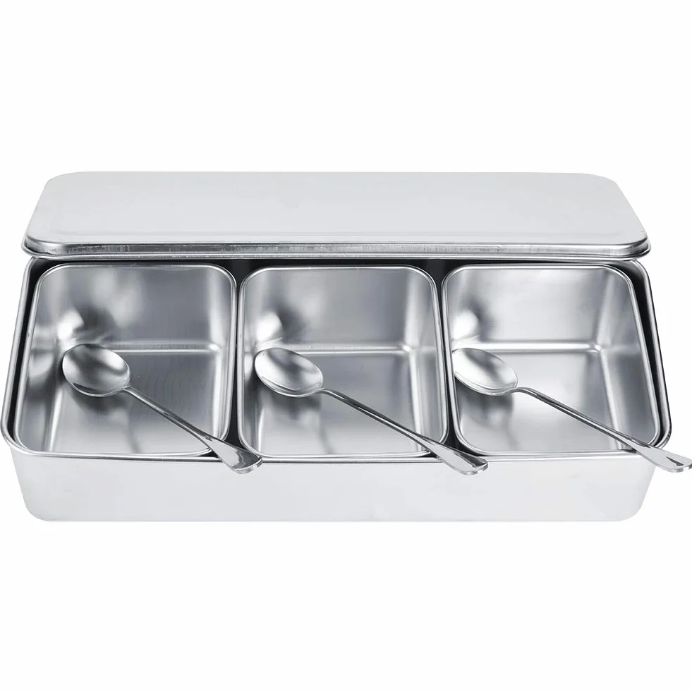 SIXRUN Caja de especias de acero inoxidable, juego de vidrio, tapa de cuchara, 3 rejillas para el hogar, contenedor de especias, cocina, restaurante