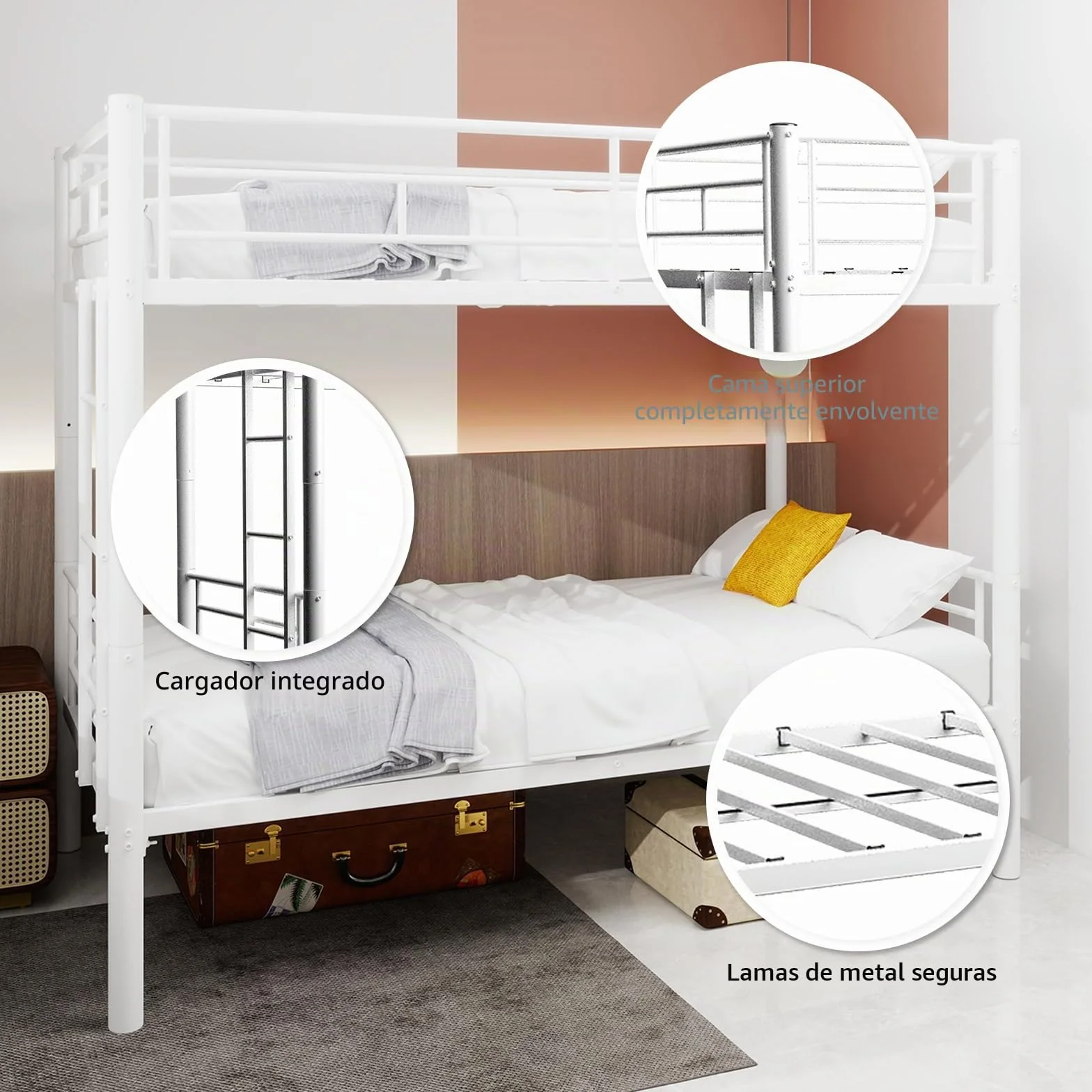 Litera de hierro, 90 x 190 cm, estructura metálica con escalera y barandilla, convertible en dos camas, apta para adolescentes y adultos (sin colchón) (blanco)