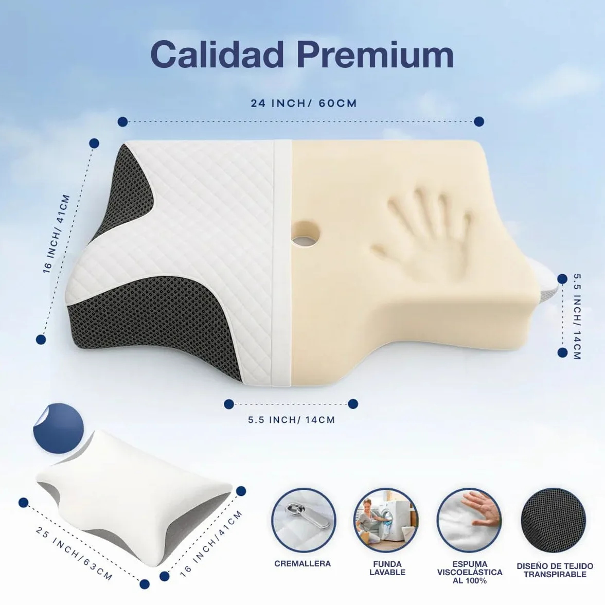 OrthoSleep – Alivio Cervical Almohada Cervical y Cuello 2 en 1, Ergonómica de Espuma de Memoria, con Funda Saca - Pone, Ideal para Dormir de Lado, de Espalda o de Vientre