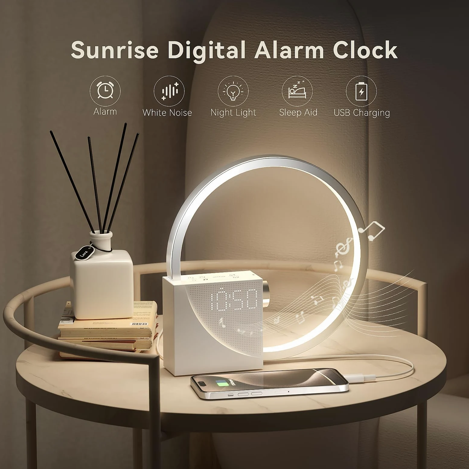 Vivilumens - Reloj despertador digital Sunrise, máquina de sonido de ruido blanco, temporizador de ayuda para dormir con puerto USB, visualización de relojes digitales regulables, repetición, 10 tonos