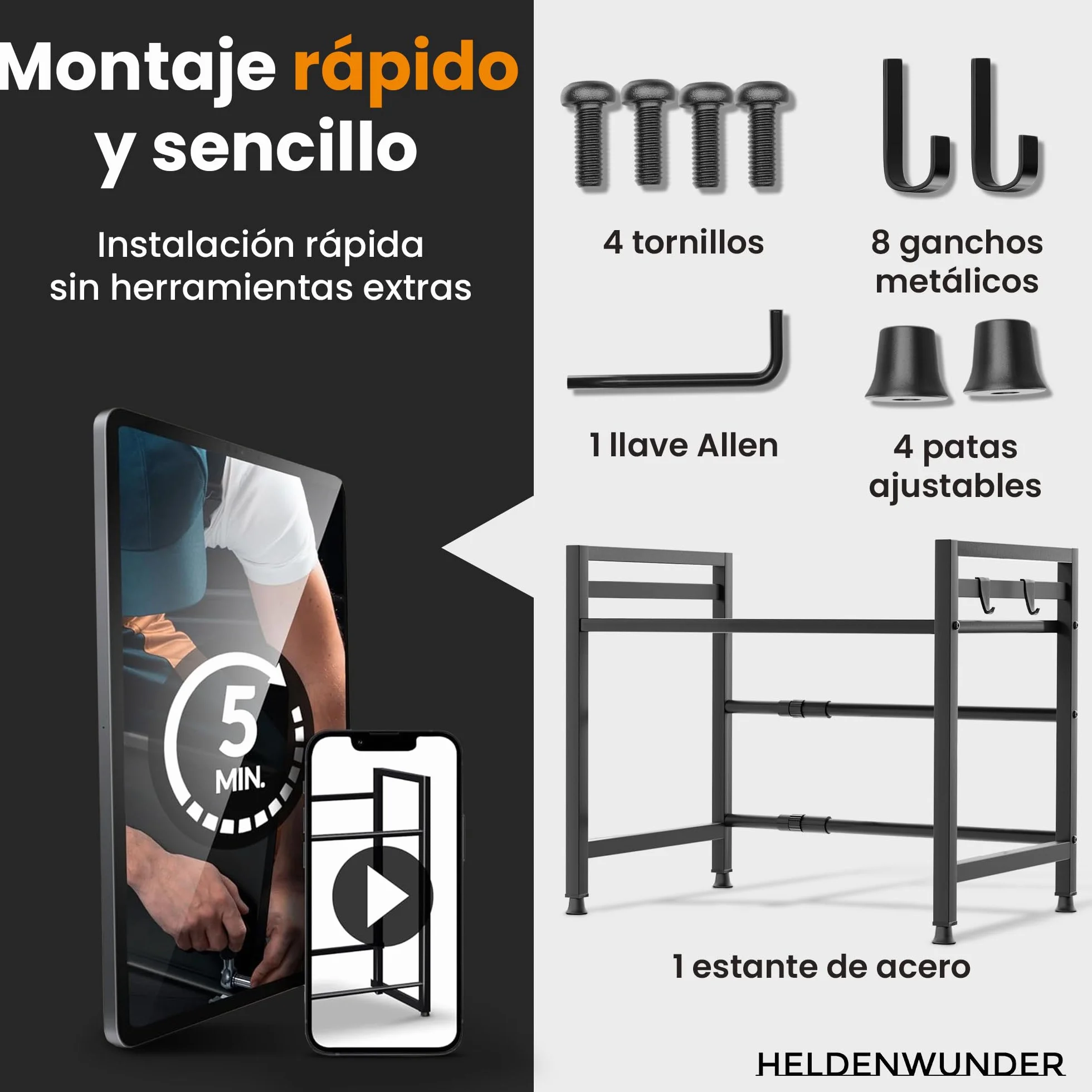 Heldenwunder Estantería Microondas Estantes Cocina Acero (2 Niveles) | Mueble Microondas Horno Estanterias Almacenaje Organizador Estante Panadería Ajustable + Instrucciones en Vídeo, Ganchos – Negro