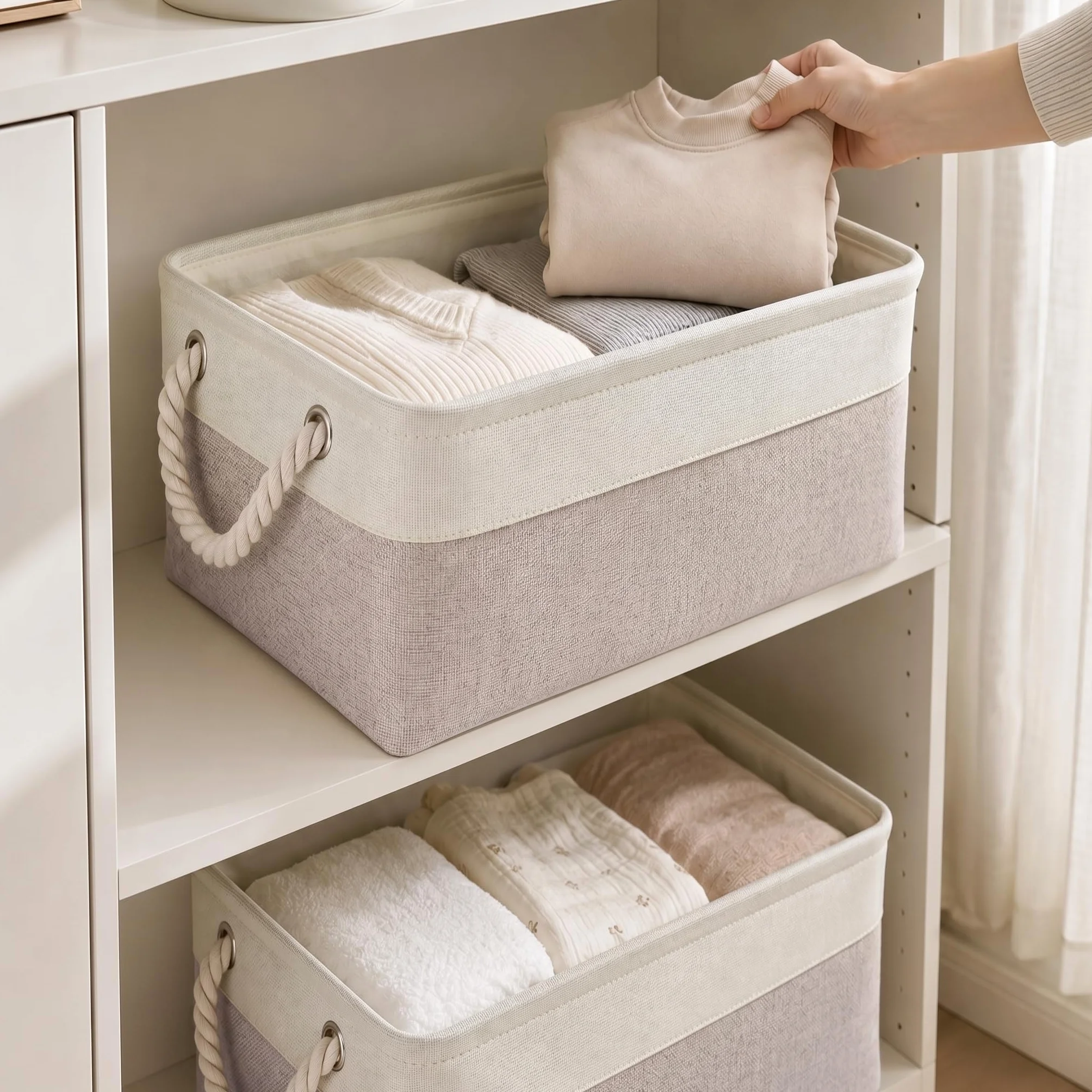 Mangata Caja de almacenaje, cestas de almacenaje Tela, Plegable Cajas organizadoras para Ropa, Juguetes, armarios (38x28x24 cm, Juego de 3, Gris Blanco)