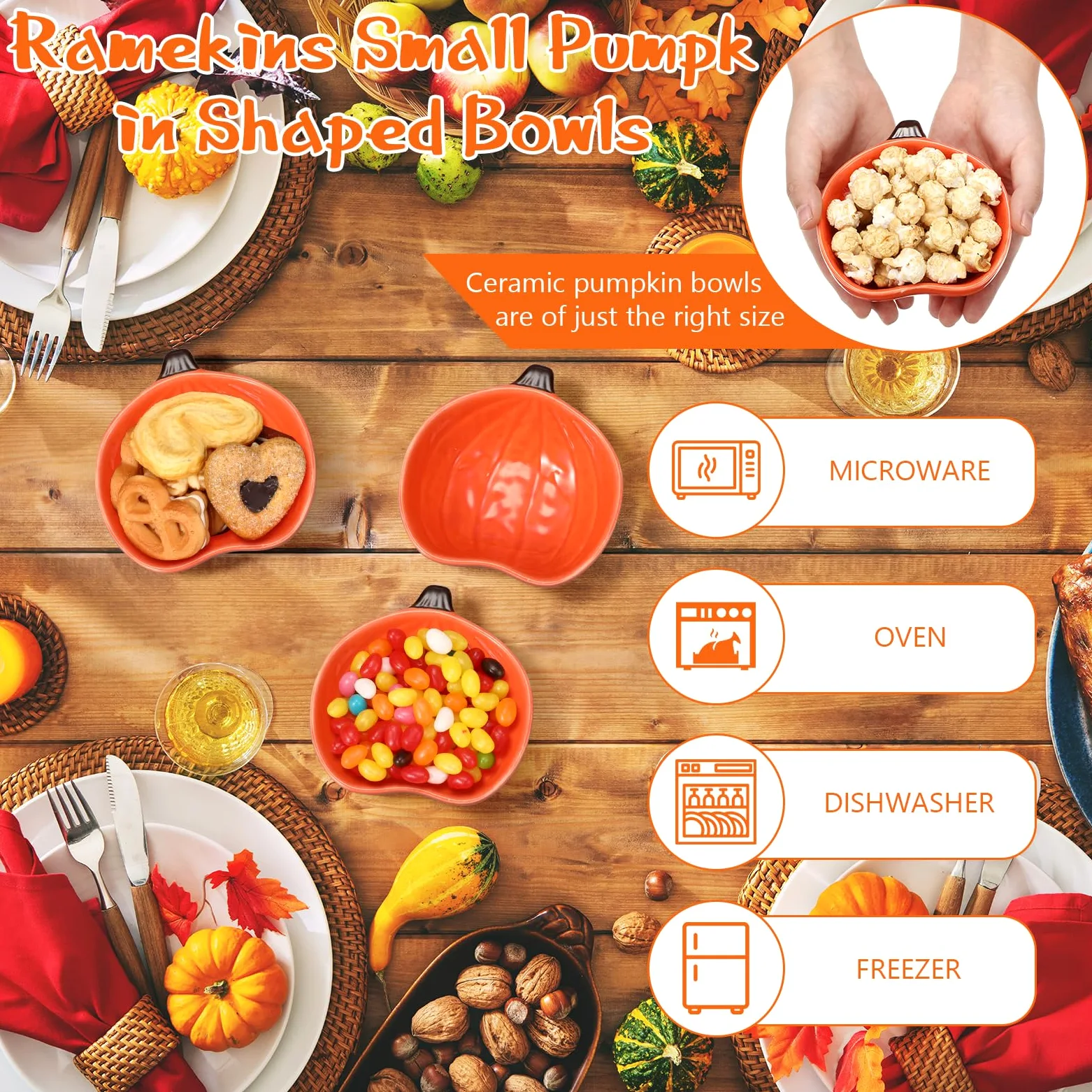 12 ramequines de otoño de 6 onzas, aptos para horno, ramequines de cerámica de calabaza, platos pequeños para crema, plato para hornear calabaza, platos de cuenco con forma de calabaza para cocina,