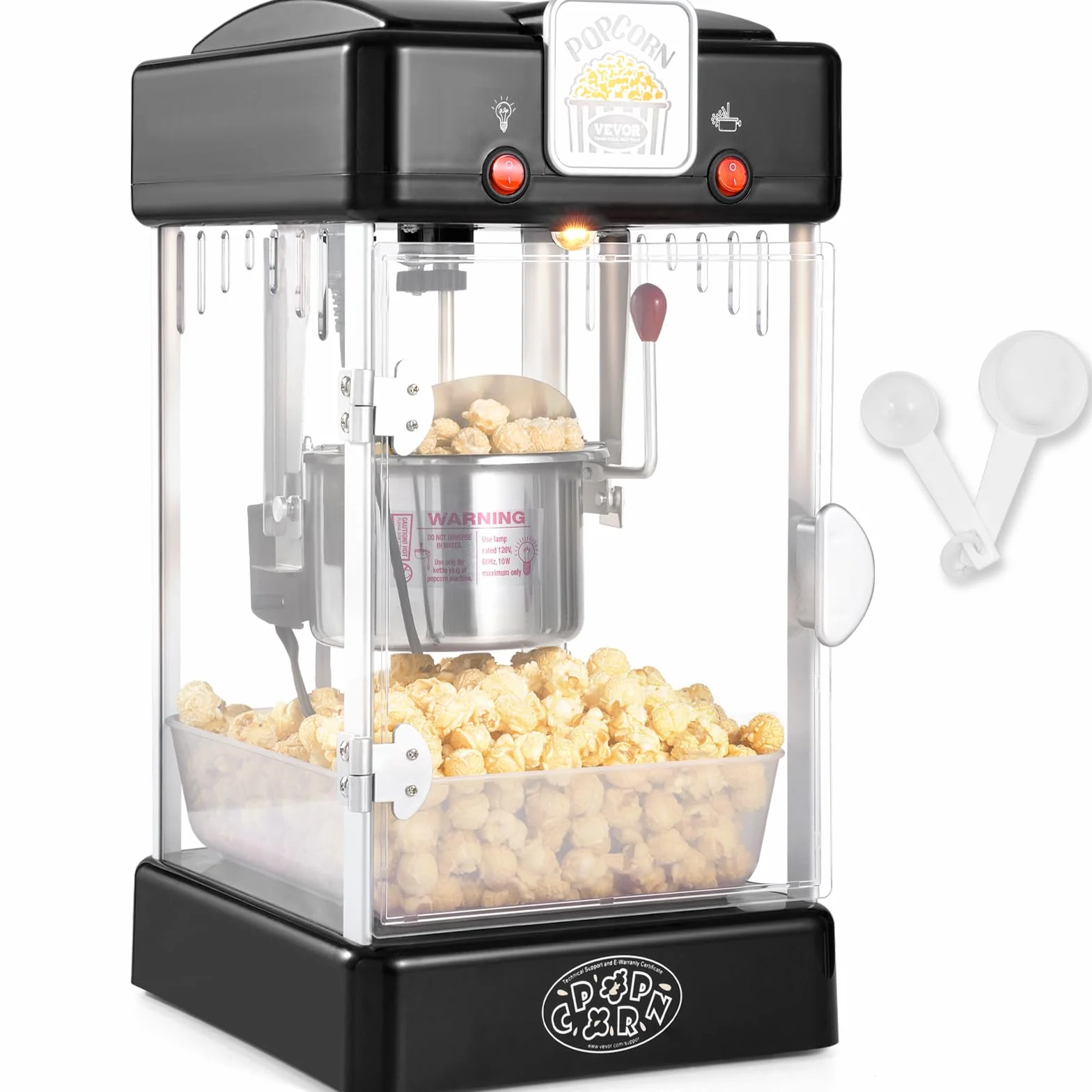 VEVOR Máquina para Hacer Palomitas de Maíz, 300 W, Máquina para Hacer Palomitas de Maíz de Sobremesa con Puerta de Polipropileno, Incluye 2 Palas y Bandeja, Estilo Cine, Negro, 240 x 275 x 475 mm