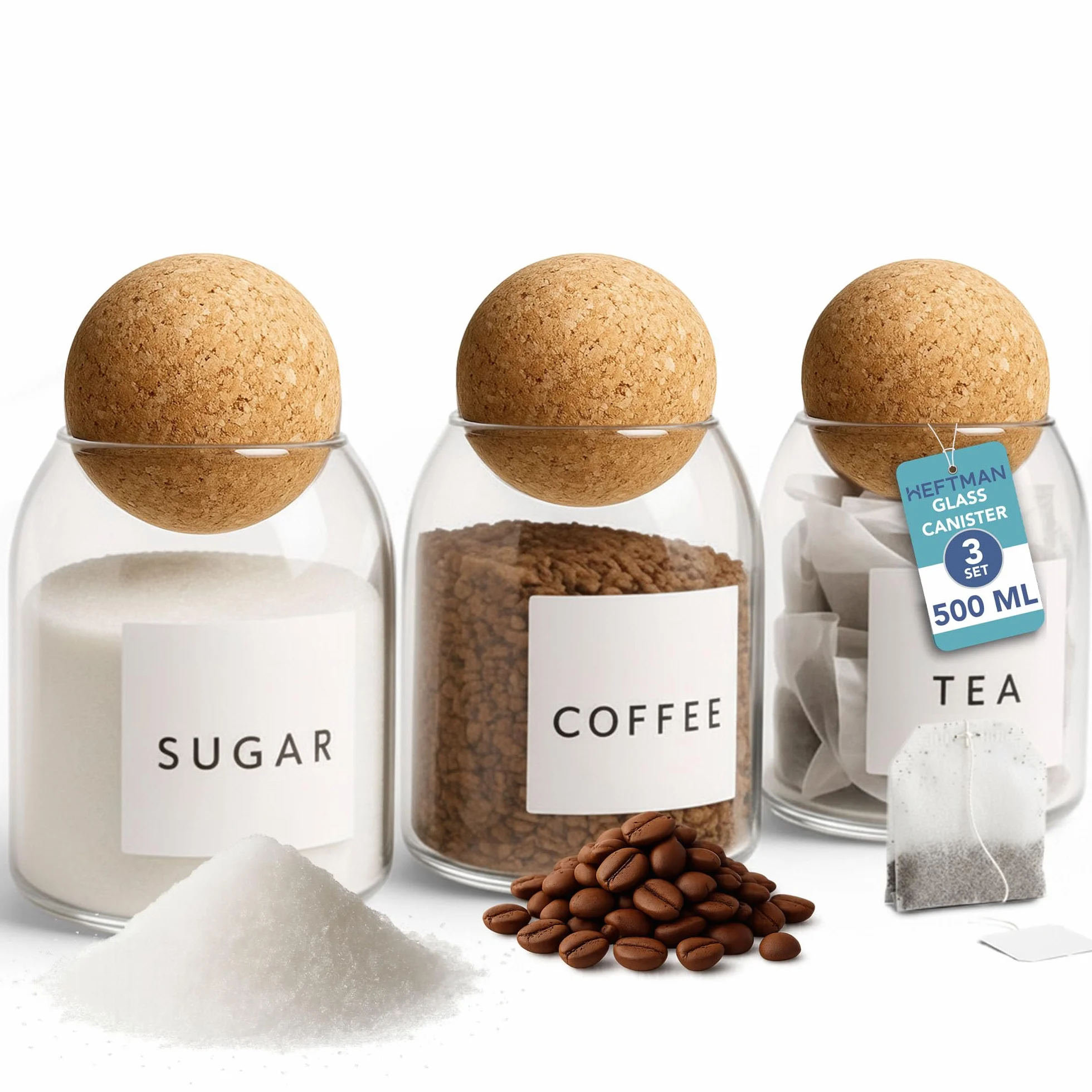 HEFTMAN Tarros de cristal con tapa de corcho, juego de 3 botes de 500 ml, para café, té, azúcar, borosilicato, elegantes tarros de cristal con corcho para sal, especias, alimentos secos
