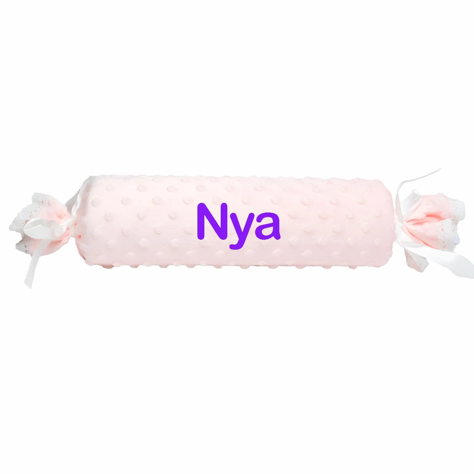 Cojín en Forma de Caramelo para Bebé – Textura Extra Suave de Burbujas, Personalizado con el Nombre del Bebé Bordado y Puntilla de Encaje, Desenfundable.Multicolor para escojer. Color Rosa