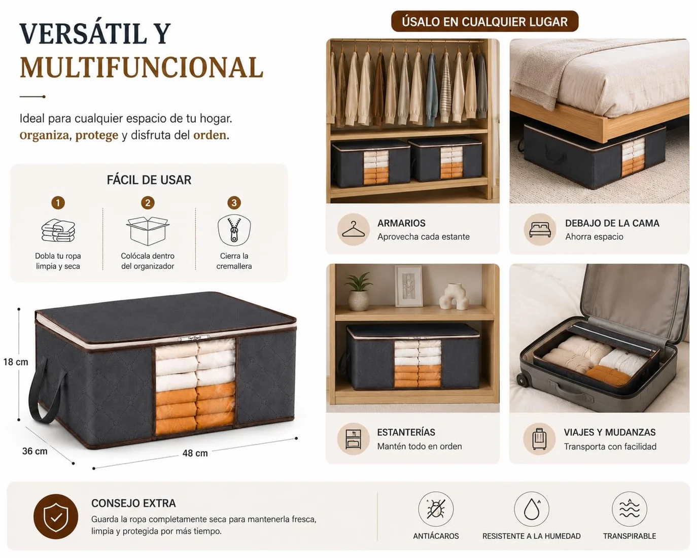 Bolsas de Almacenamiento Ropa 35L Pack 4 – Organizadores Armario con Ventana Transparente – Cajas de Tela para Guardar Ropa, Mantas, Edredones y Cambio de Temporada