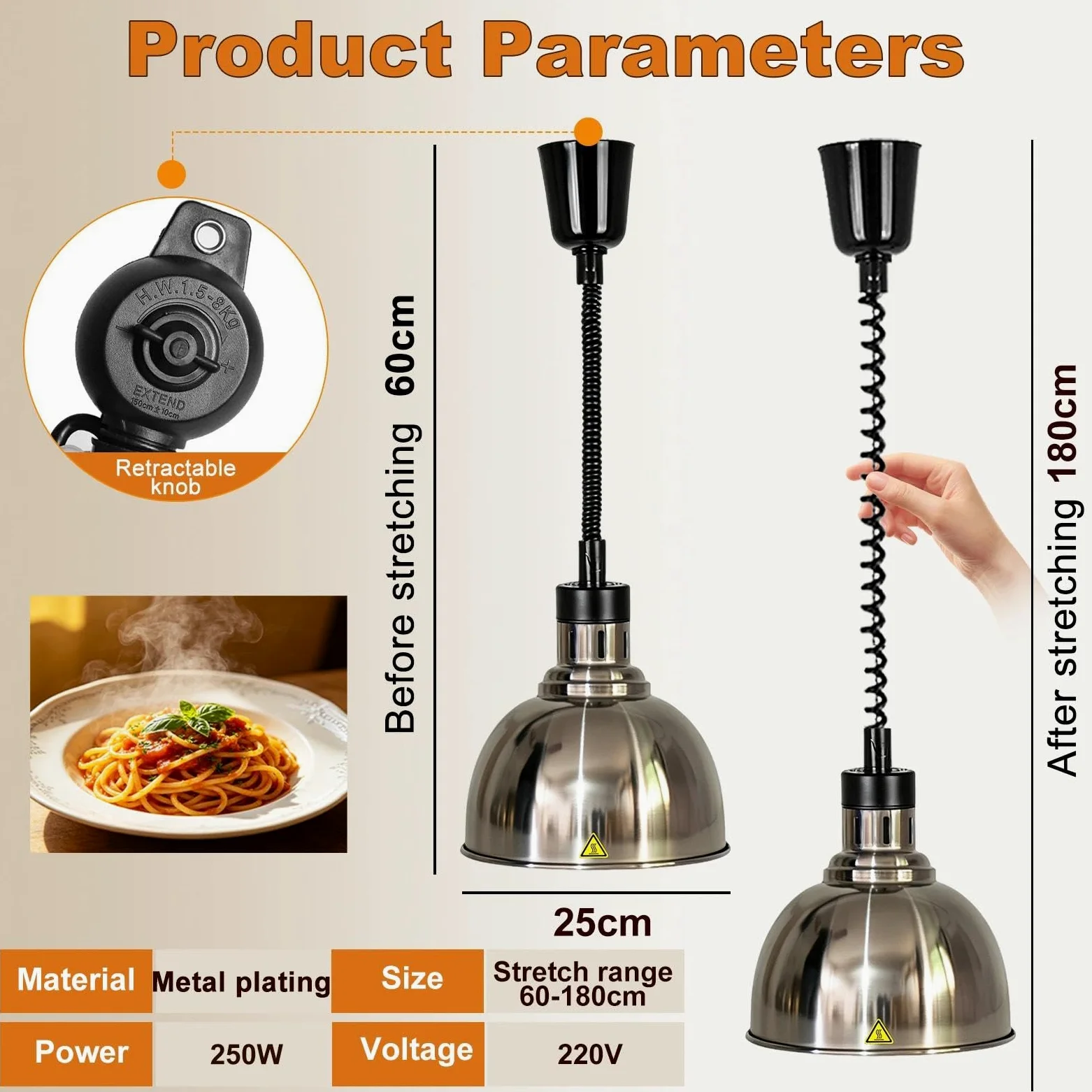 Lampara de Calor Cocina, Altura Regulable 60-180cm (B-25cm, 2 Piezas) | Lampara de Calor para Alimentos, Lampara Calentador Comida para Cocina Buffet Hostelería, 250W 220V