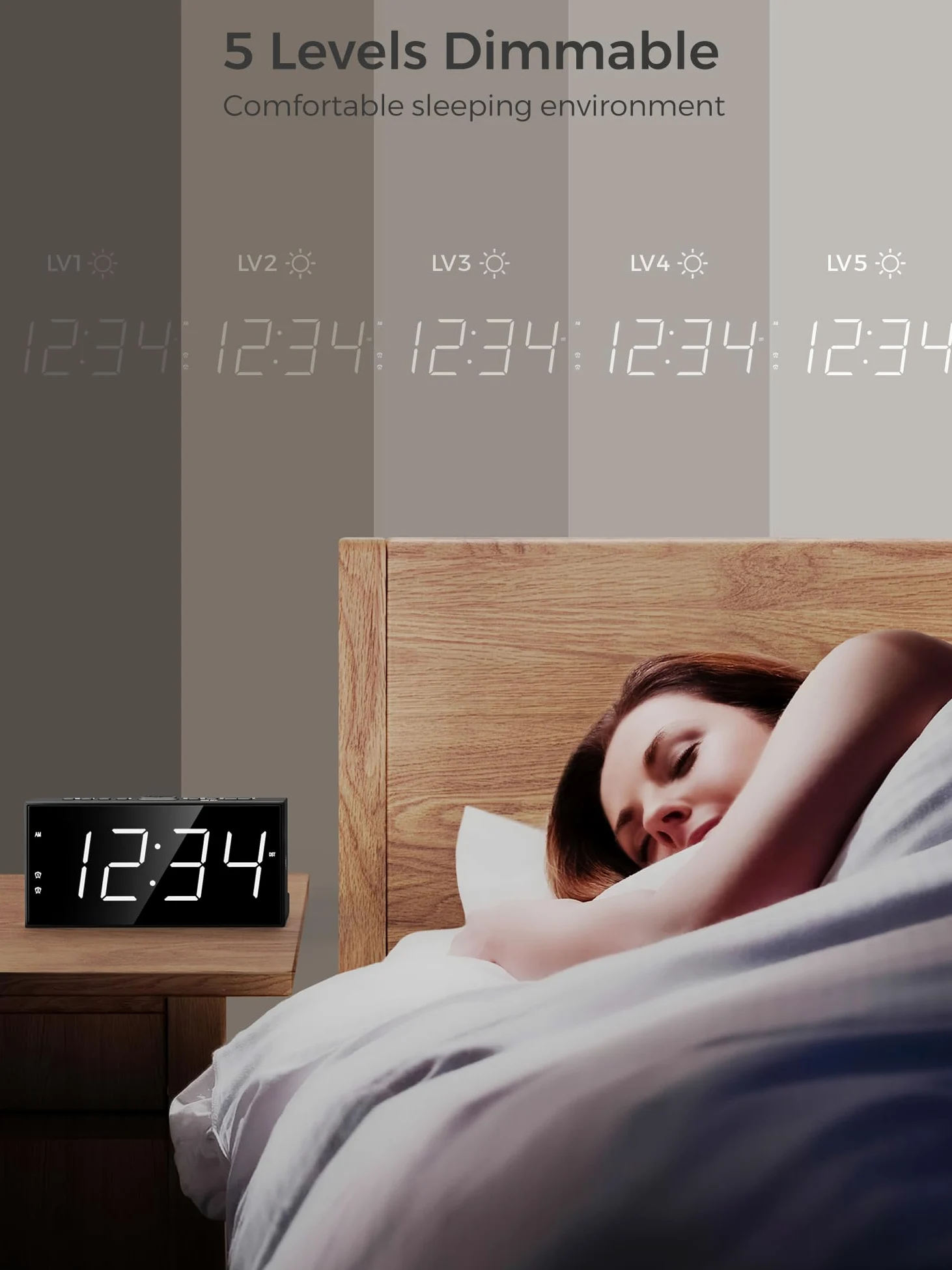 Reloj despertador para dormitorio, 2 relojes despertadores, pantalla grande LED fuerte, reloj con puerto de carga USB, volumen ajustable, regulable, repetición, reloj digital simple para dormir