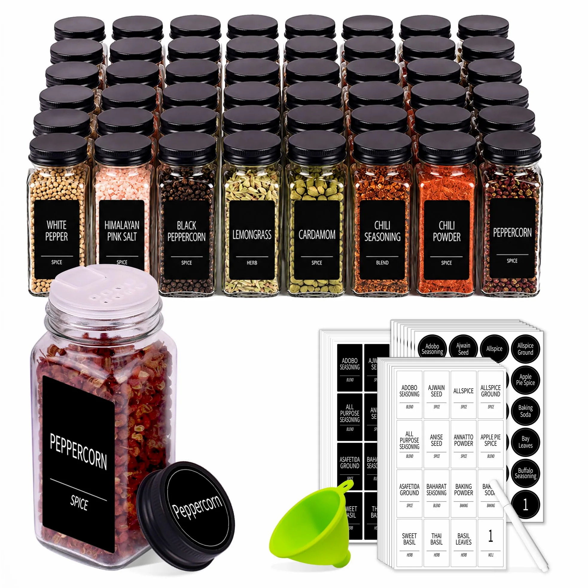 48 tarros de especias con 547 etiquetas: tarros de especias de vidrio con tapas de metal negro, recipientes vacíos de especias de 4 onzas con tapas de coctelera, embudo, bolígrafo de tiza, botellas de
