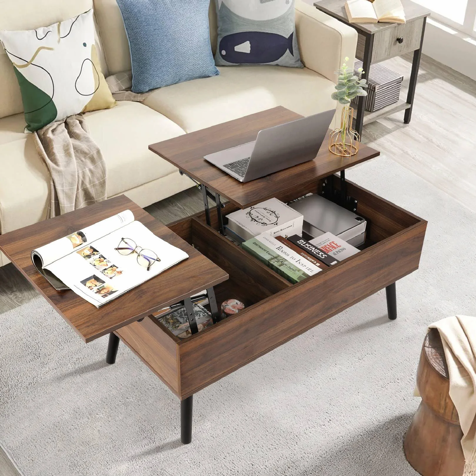VOWNER Mesa de Centro, Mesa de Centro Regulable en Altura, Extraíble, Extensible, Compartimento de Almacenaje Oculto Independiente, Tablero Elevable Doble, Mesa de Sofá de Salón, Nogal Color