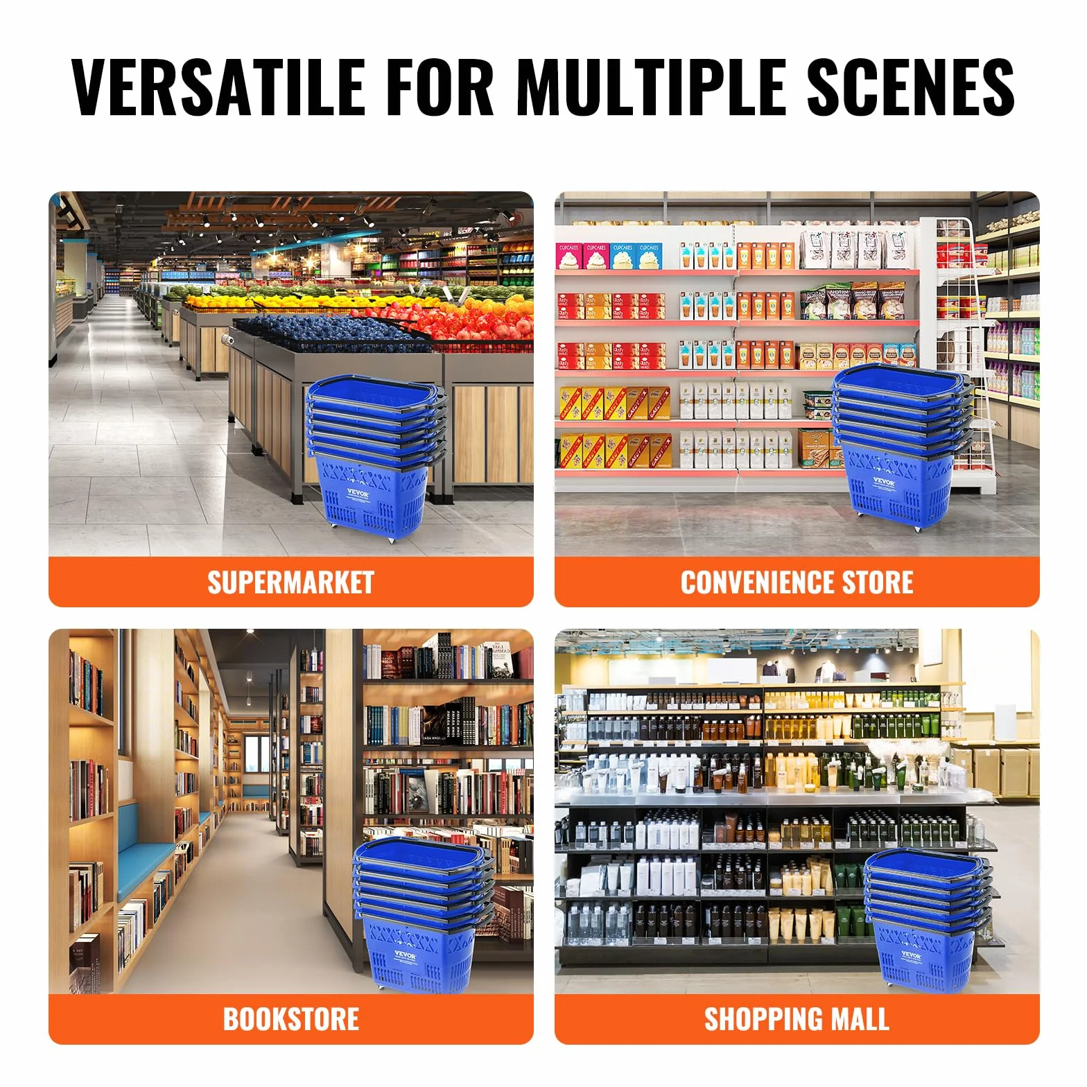 VEVOR Cesta Azul de la Compra, 6 Piezas, 39 L, Carros de la Compra con Asas y Ruedas de Plástico de 540 x 530 x 365 mm, Cesta de la Compra Portátil Grande para Supermercado, Tiendas Minoristas