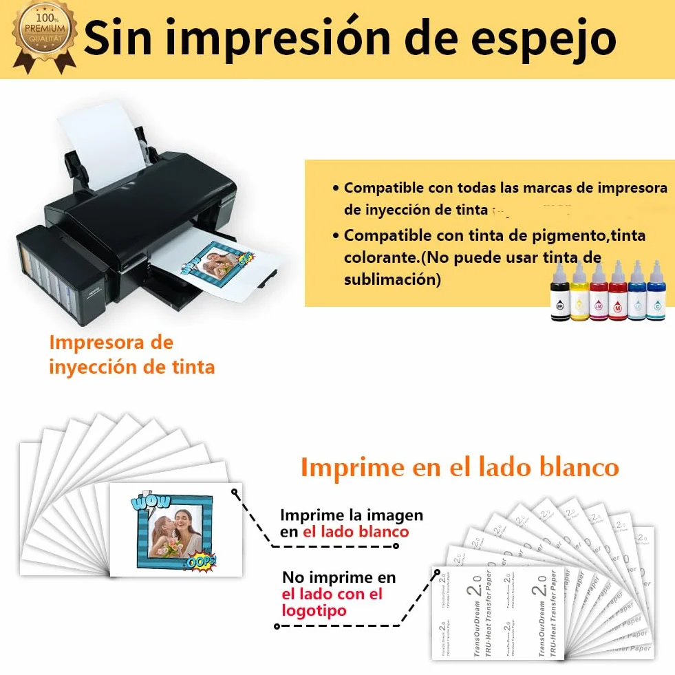 TransOurDream Real-Papel de Transferencia Térmica Para Camisetas, Sudaderas o Tejidos Oscuros 2.0 A4 10 Hojas Fácil de Usar, Papel Transfer Compatible con Impresoras de Inyección de Tinta, ES-02-10