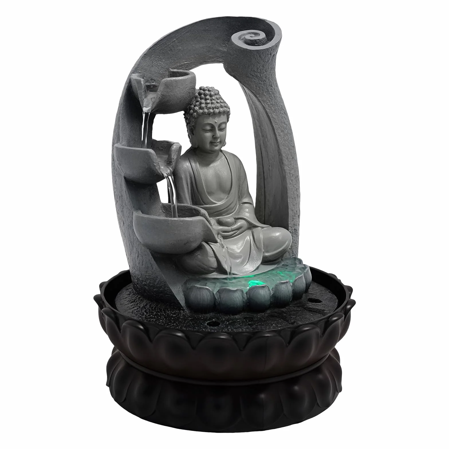 Fuente de mesa de Buda, sala de estar, relajación, meditación, iluminación LED, cascada, Feng Shui, fuente decorativa compacta para el hogar y la oficina, 30 x 22 x 22 cm, decoración zen