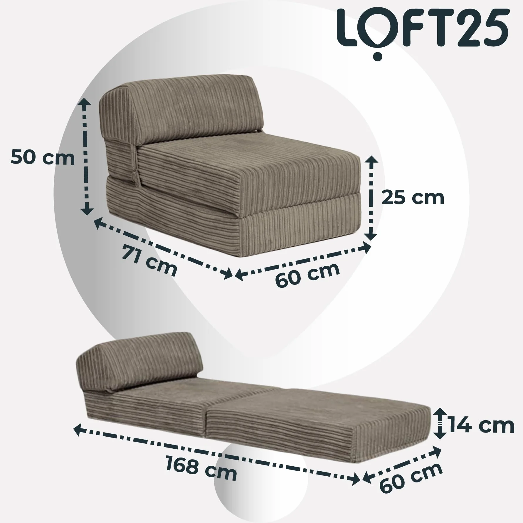 Loft 25 Jumbo Cord Plegable sofá Individual Futón Z-Cama | Sleepover Guest Living Room | Silla Suave y cómoda | Ligero y Duradero | Muebles de Tela de Calidad Cord (Acero)