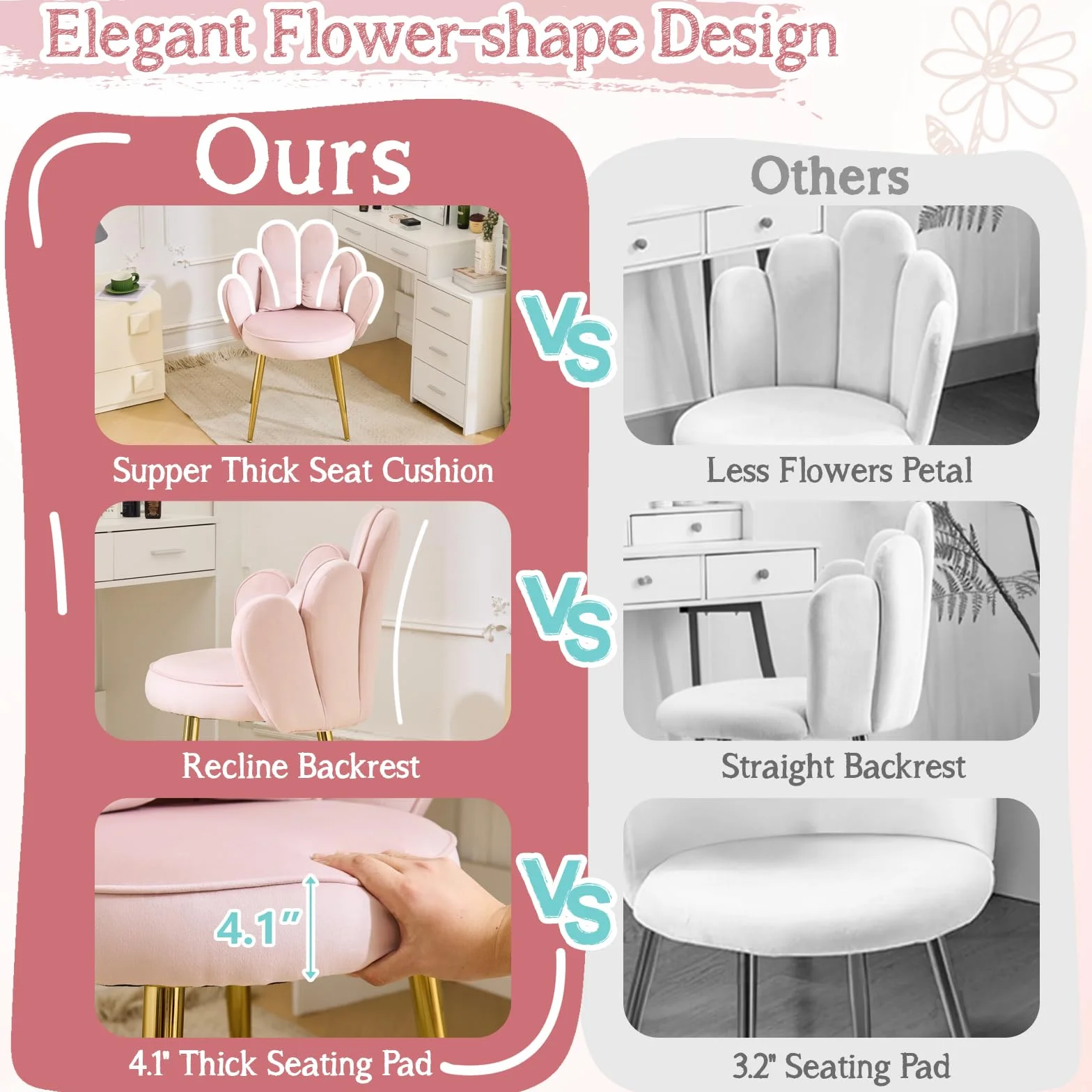 Bonnlo Silla de Maquillaje con Respaldo de Pétalos, Silla Tocador, Sillas de Comedor Elegantes, Patas Doradas Ajustables, Sillón Salón para Tocador, Dormitorio u Oficina en Casa (Terciopelo, Rosa)