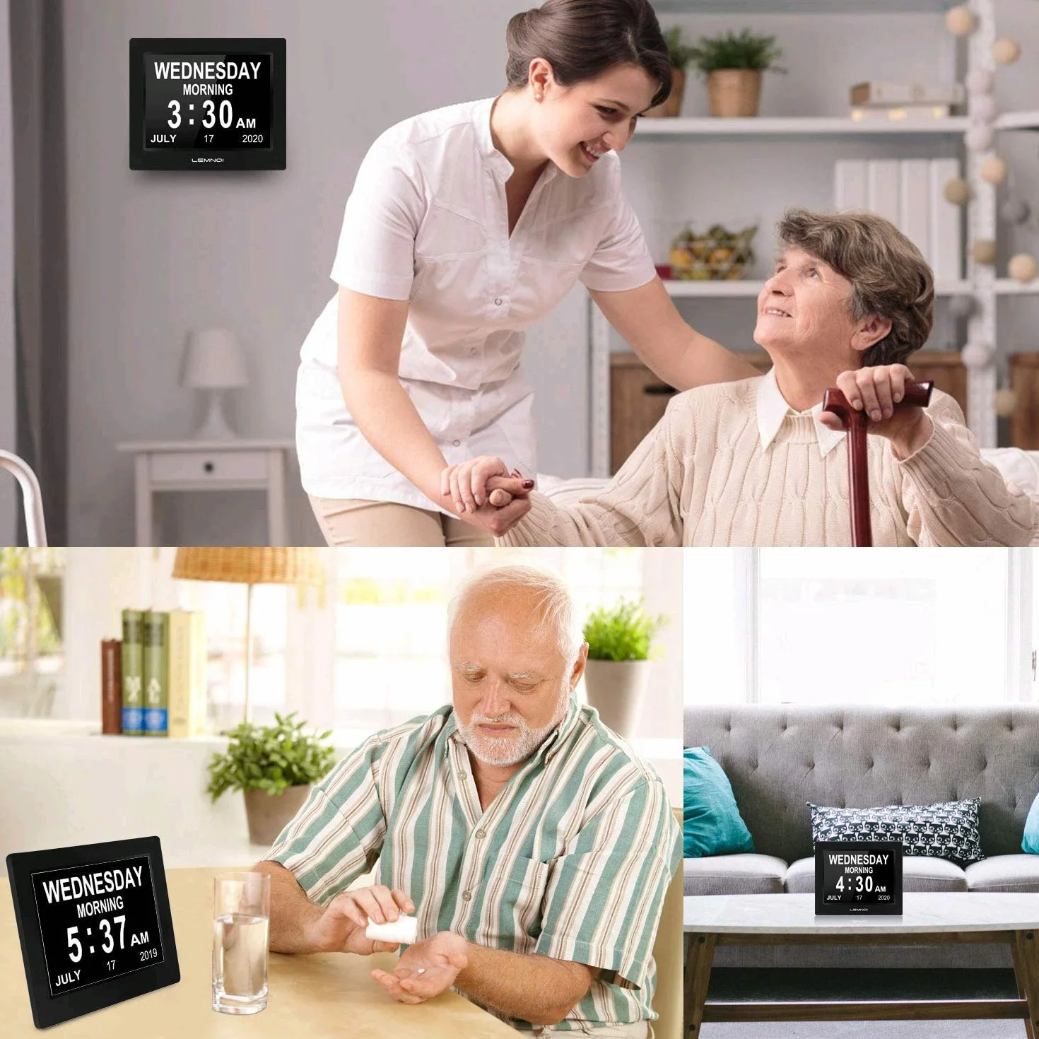 LEMNOI 8 Pulgadas Reloj Digital Calendario con Fecha y Hora,Reloj Alzheimer,Atenuación automática,8 Idiomas,Recordatorios de Medicamentos para Alzheimer Ancianos (Negro)