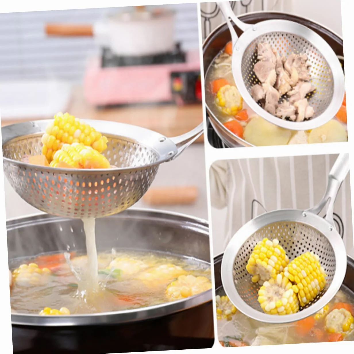 Juego de 2 coladores de cocina de acero inoxidable - Juego de colador de comida de cocina asiática y cesta para cocinar al vapor con colador de cuchara - Filtro de metal duradero para cocinar y freír