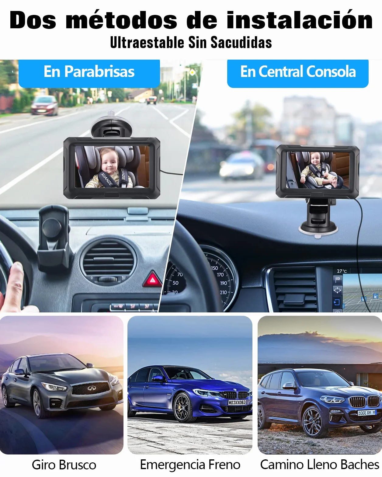 Zacro Cámara Bebé Asiento Trasero HD 1080P - Espejo Retrovisor Bebé Coche Pantalla 4.3'' - Monitores de Bebé para Coche con Función de Visión Nocturna, Ángulo de Visión Amplio