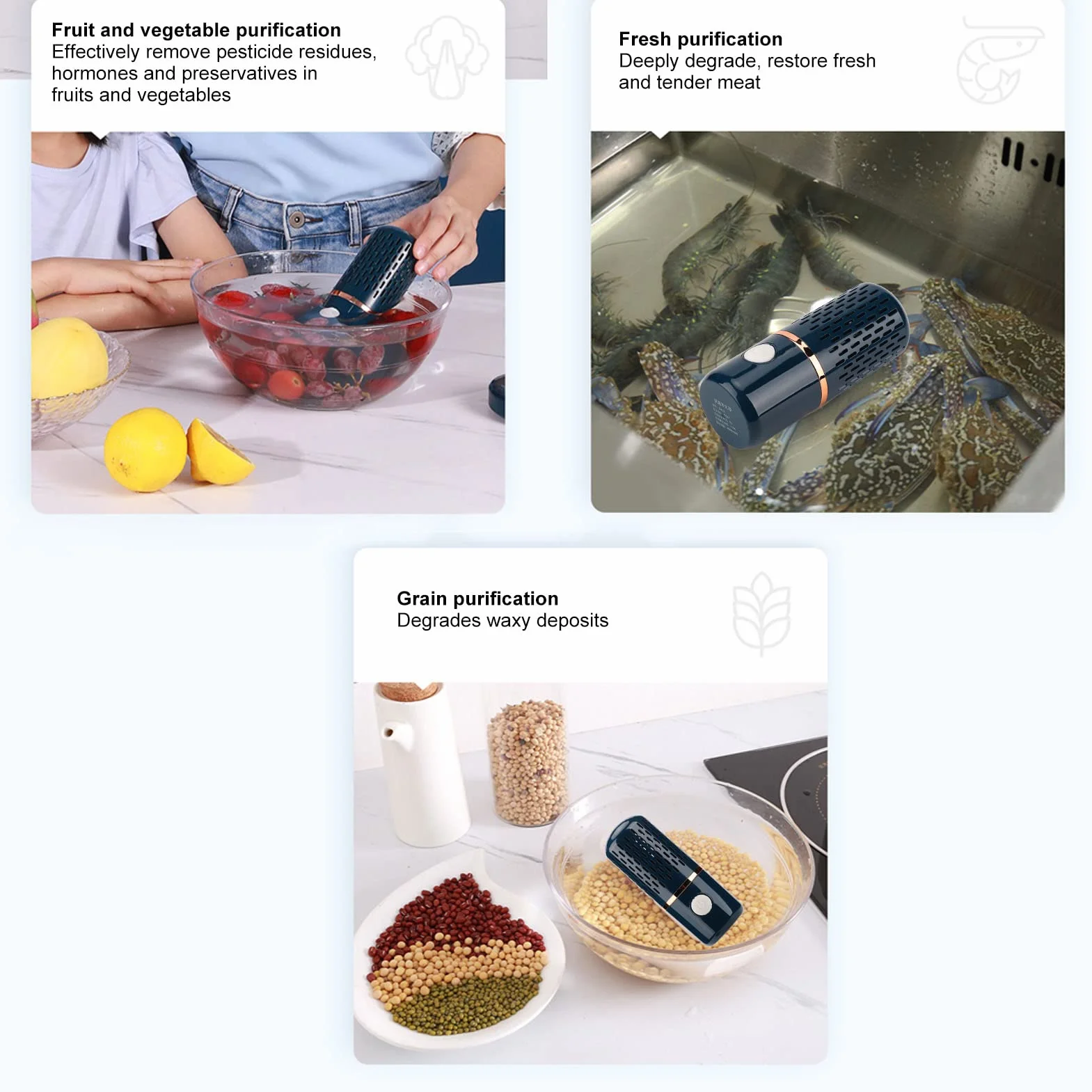 Lavadora y Purificador Portátil de Frutas y Verduras, Forma de Cápsula Mini, Carga USB Inalámbrica (Azul)