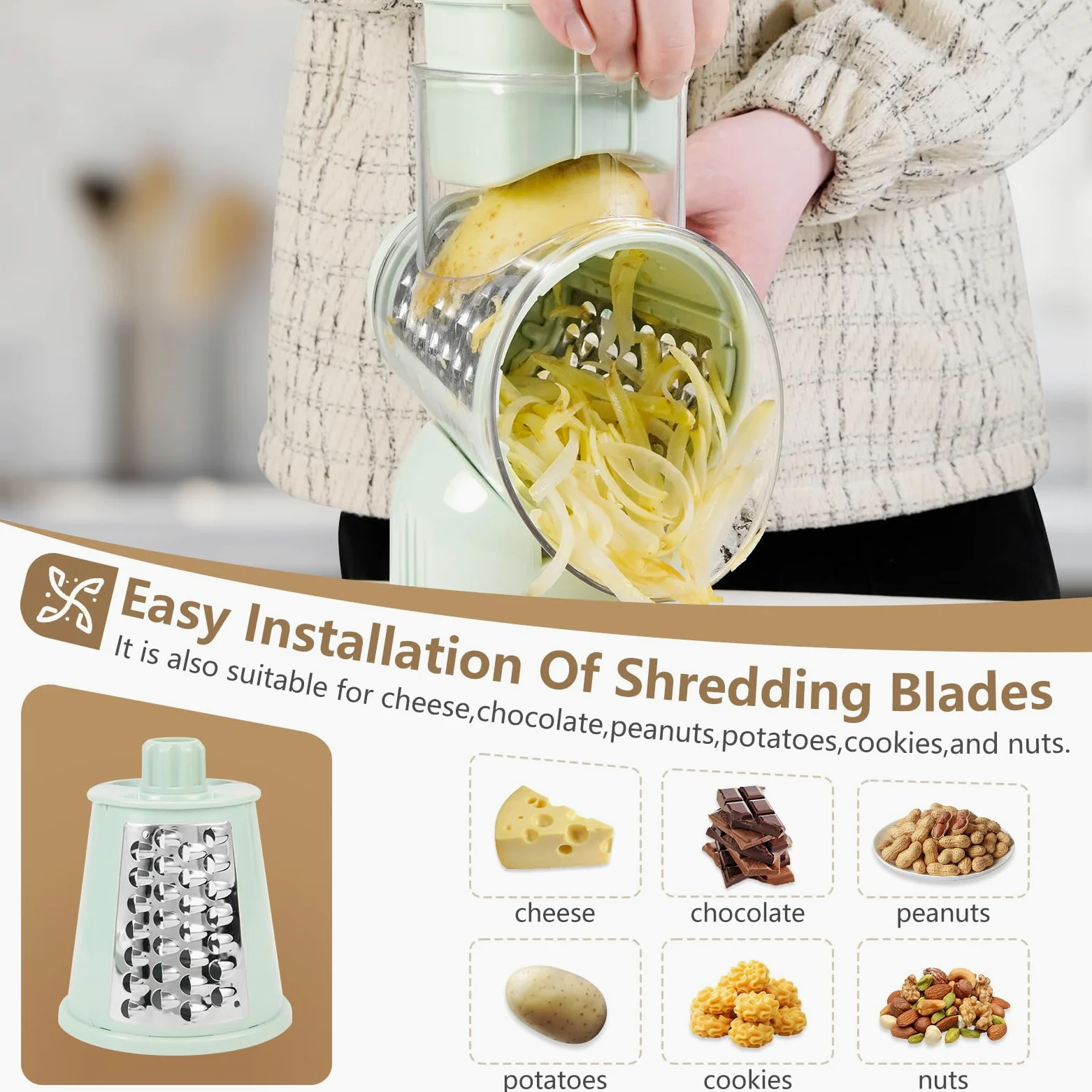 Rallador giratorio de queso y rebanador de mandolina con 5 cuchillas intercambiables, corte sin esfuerzo para queso, verduras, frutas, frutos secos, diseño fácil de limpiar para uso en cocina