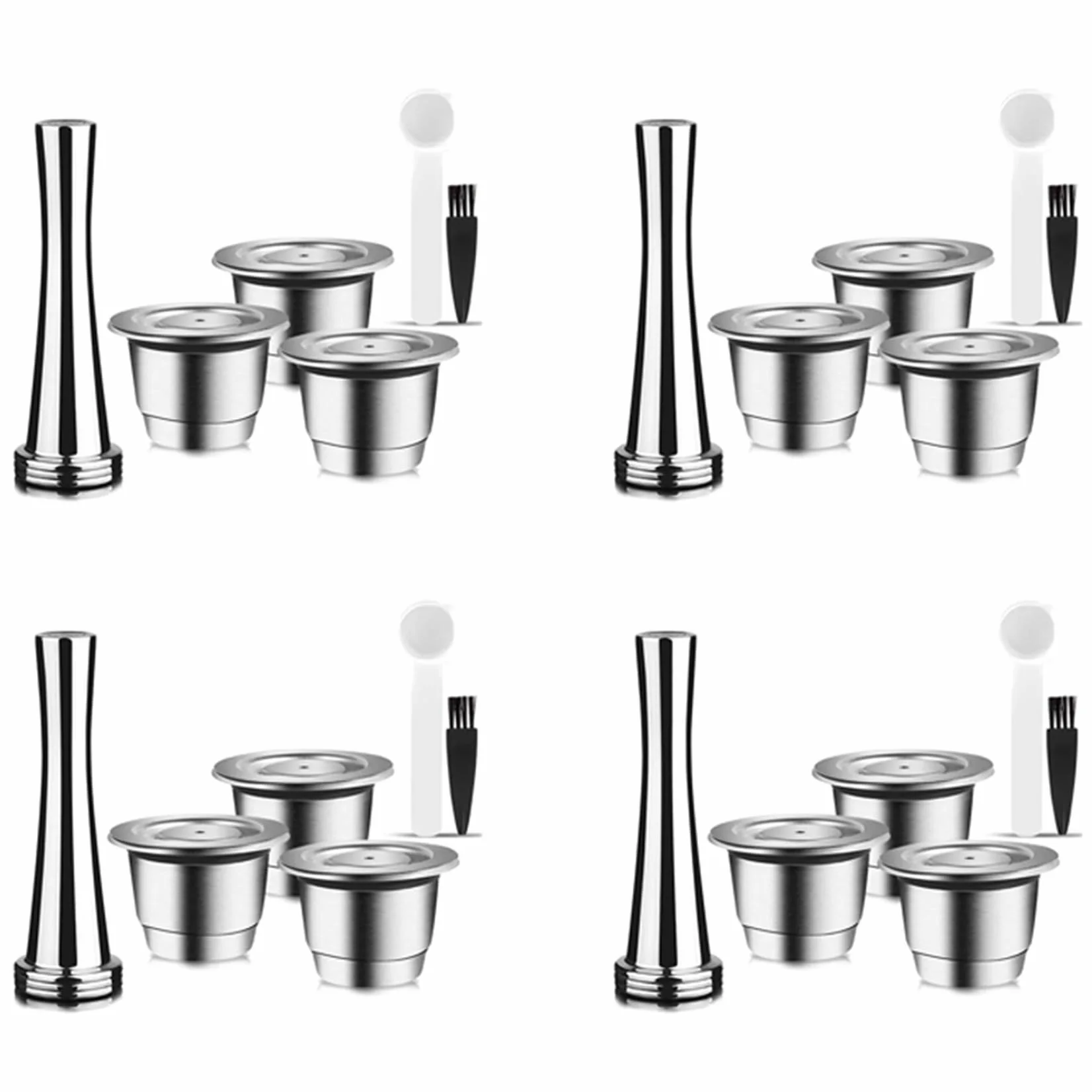 Cápsulas reutilizables, de acero inoxidable, 12 almohadillas recargables para + 4 manipuladores + 4 cucharas + 4 cepillos