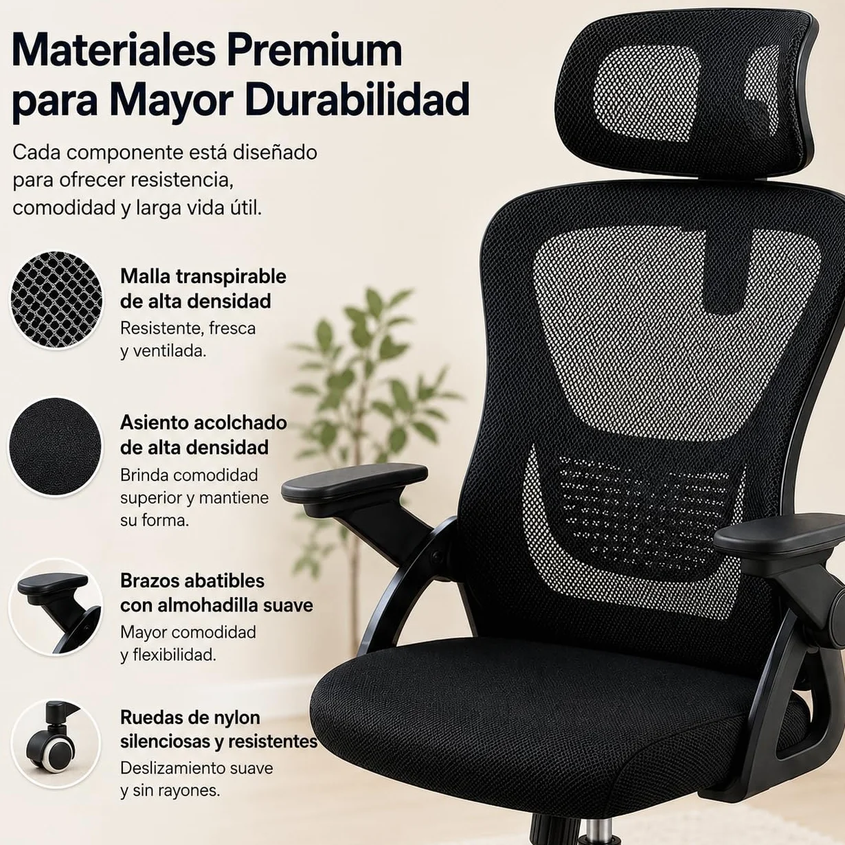 Silla de Oficina Ergonómica con Respaldo de Malla Transpirable, Soporte Lumbar y Altura Ajustable, Silla Escritorio Giratoria con Ruedas 360° (Cabecera y Brazos abatibles Negro)