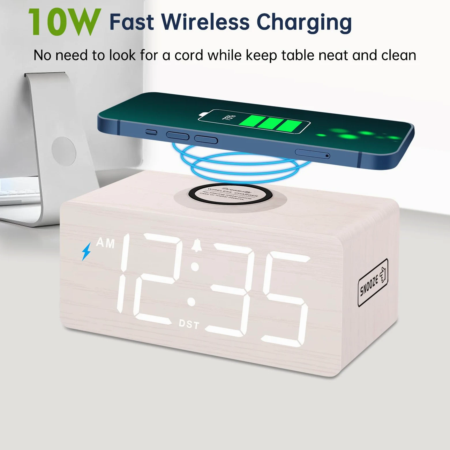 DreamSky Reloj despertador digital de madera con carga inalámbrica, mesita de noche con estación de carga, conexión USB, números grandes, volumen ajustable, atenuador de brillo, DST