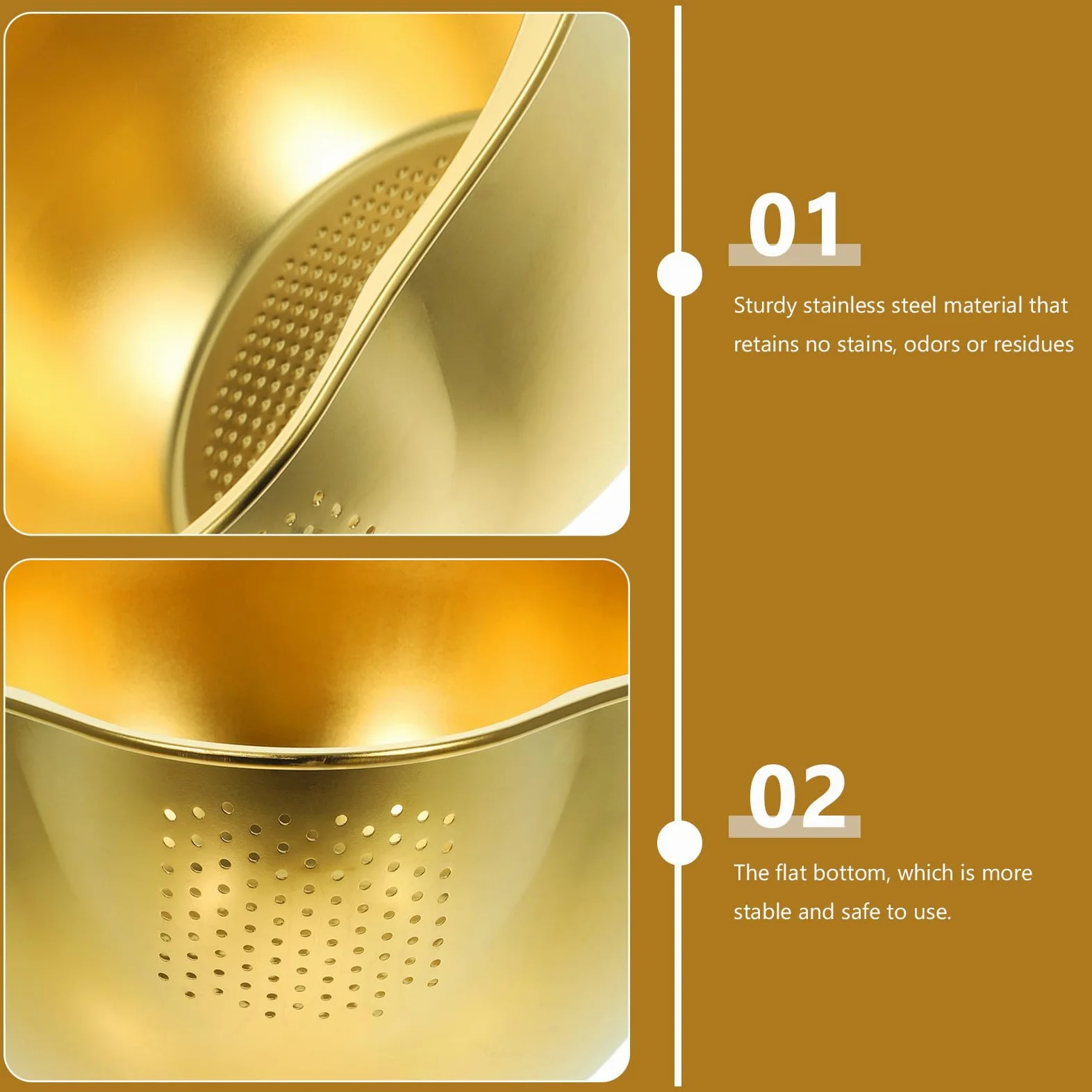 VALICLUD Colador de Cocina de Acero Inoxidable Dorado para Escurrir Verduras y Fideos, Cesta Estable para Almacenamiento y Lavado en Hogar