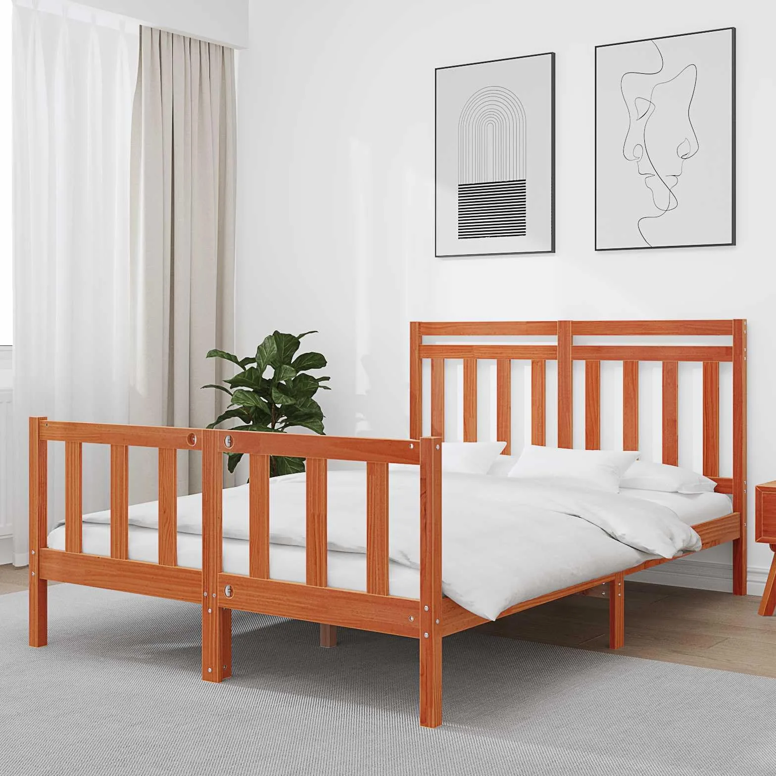 Estructura de Cama de Madera Maciza de Pino marrón Cera, 205,5 x 145,5 x 100 cm, Cama somier con cabecero para Dormitorio, Soporte para colchón matrimonial Grande, Descanso para 2 Personas