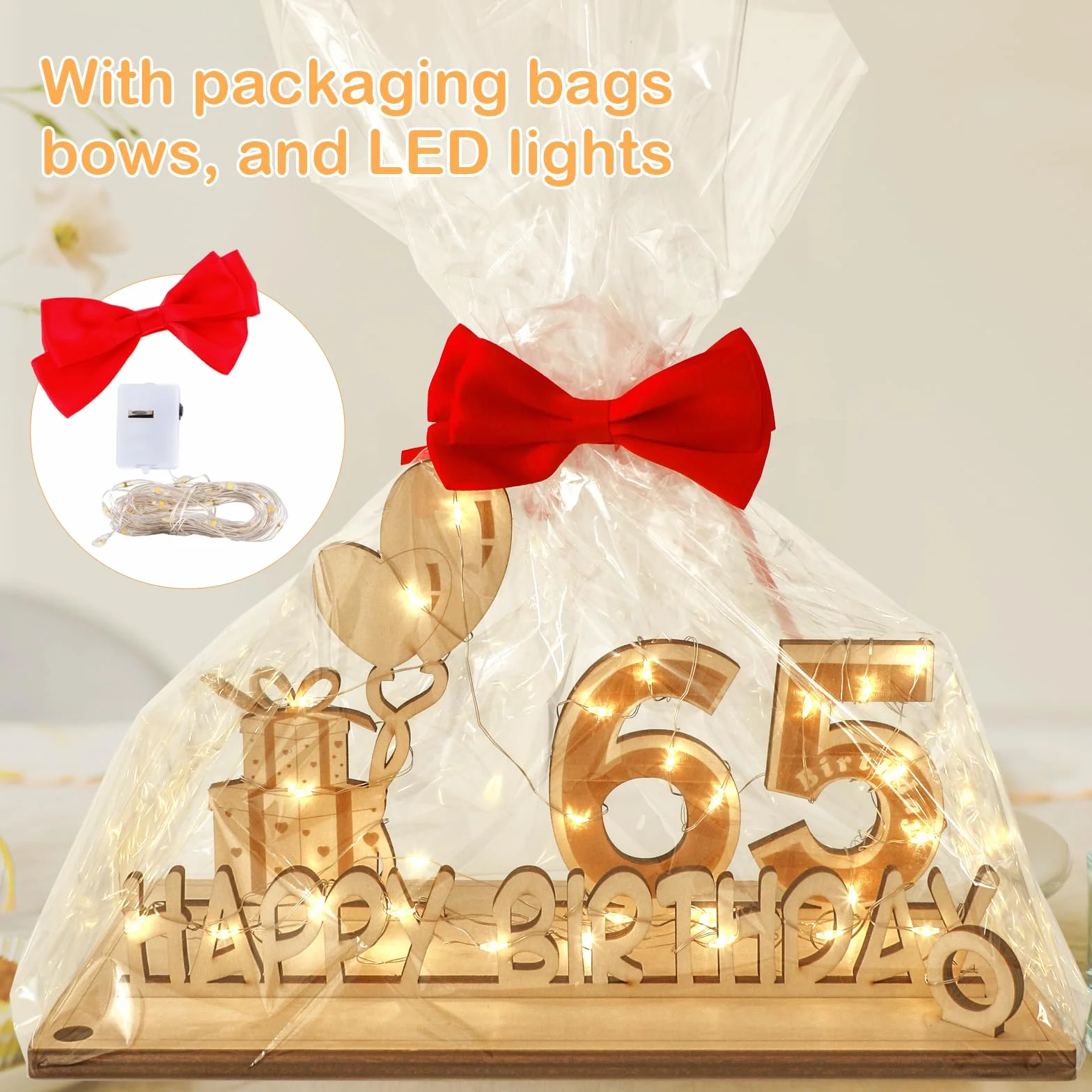 Regalos Originales de 65 Cumpleaños, Seutgjie Decoracion 65 Cumpleaños para Hombre Mujer con Tira de Luces LED y Libro de visitas para Aniversarios