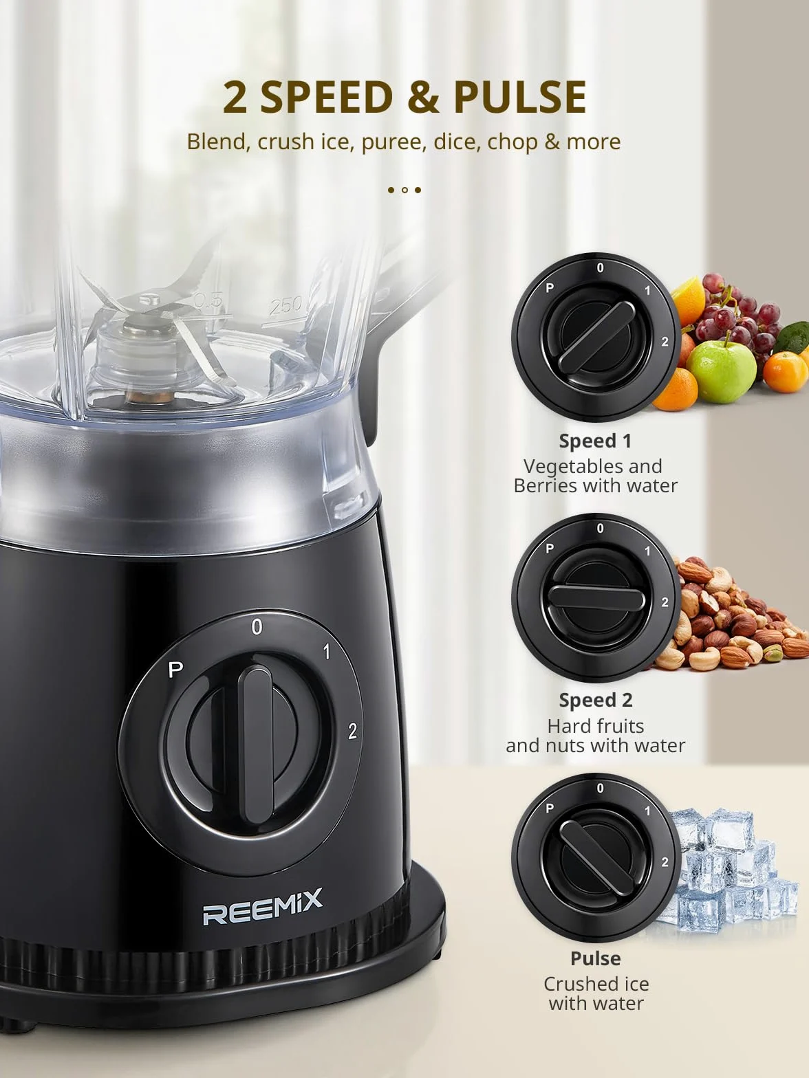 Batidora de 500 W, 1,5 L con 2 velocidades y función de pulso, cuchillo de acero inoxidable, tapa extraíble con vaso medidor, vaso mezclador apto para lavavajillas para batidos y batidos