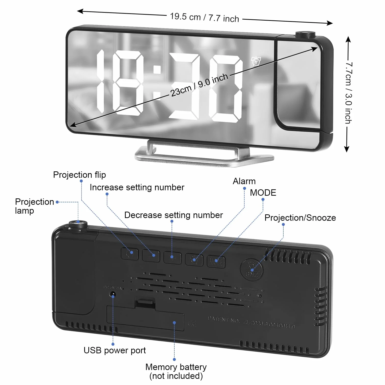 Cuteefun Reloj Despertador Digital con Proyector, Despertador Inteligente con Temperatura, Snooze, 12/24H, Brillo Ajustable, Reloj Proyector Techo para Dormitorio, Números de Blanco