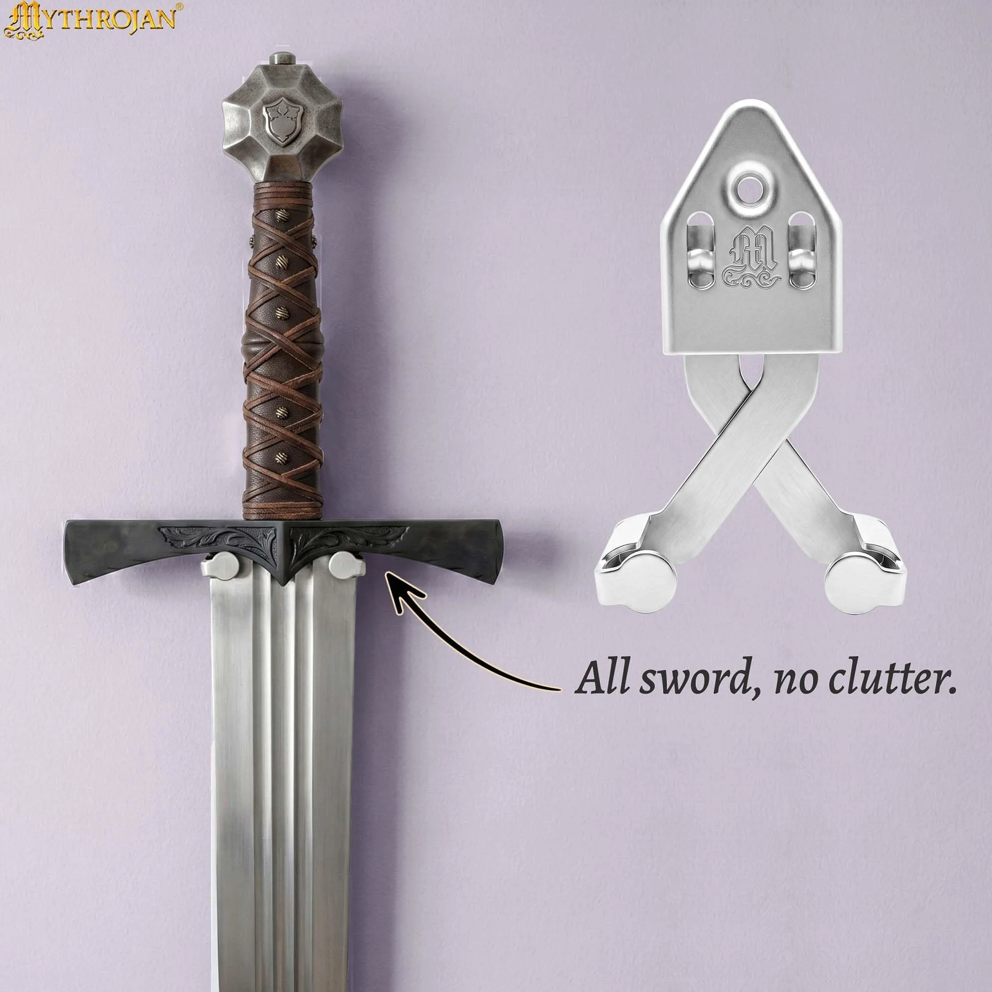 Mythrojan Soporte de pared universal de metal plateado grande para espada individual