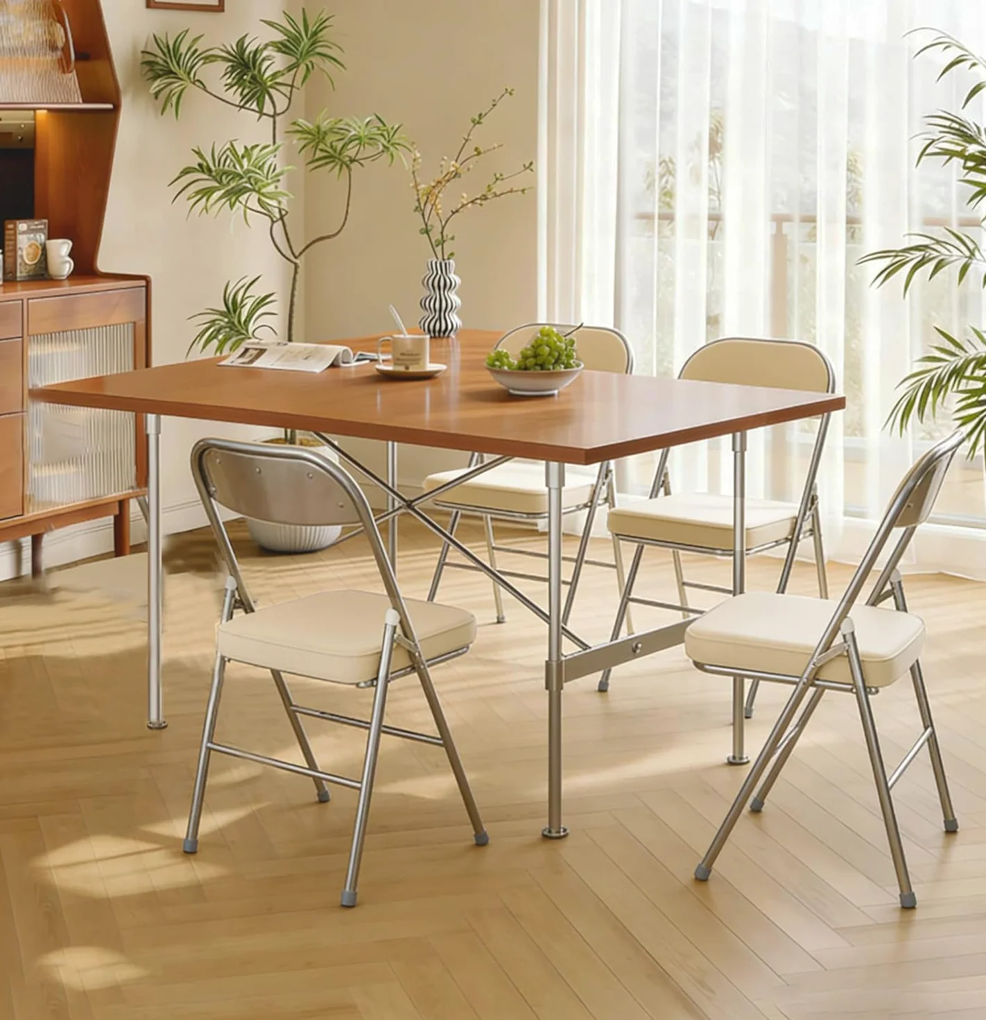 Juego de 4 Cómoda Silla Plegable sillas Plegables de Cuero para Cocina con cojín Grueso, sillas de Comedor Plegables para Cocina, Interior, Exterior, Sala de conferencias Beige