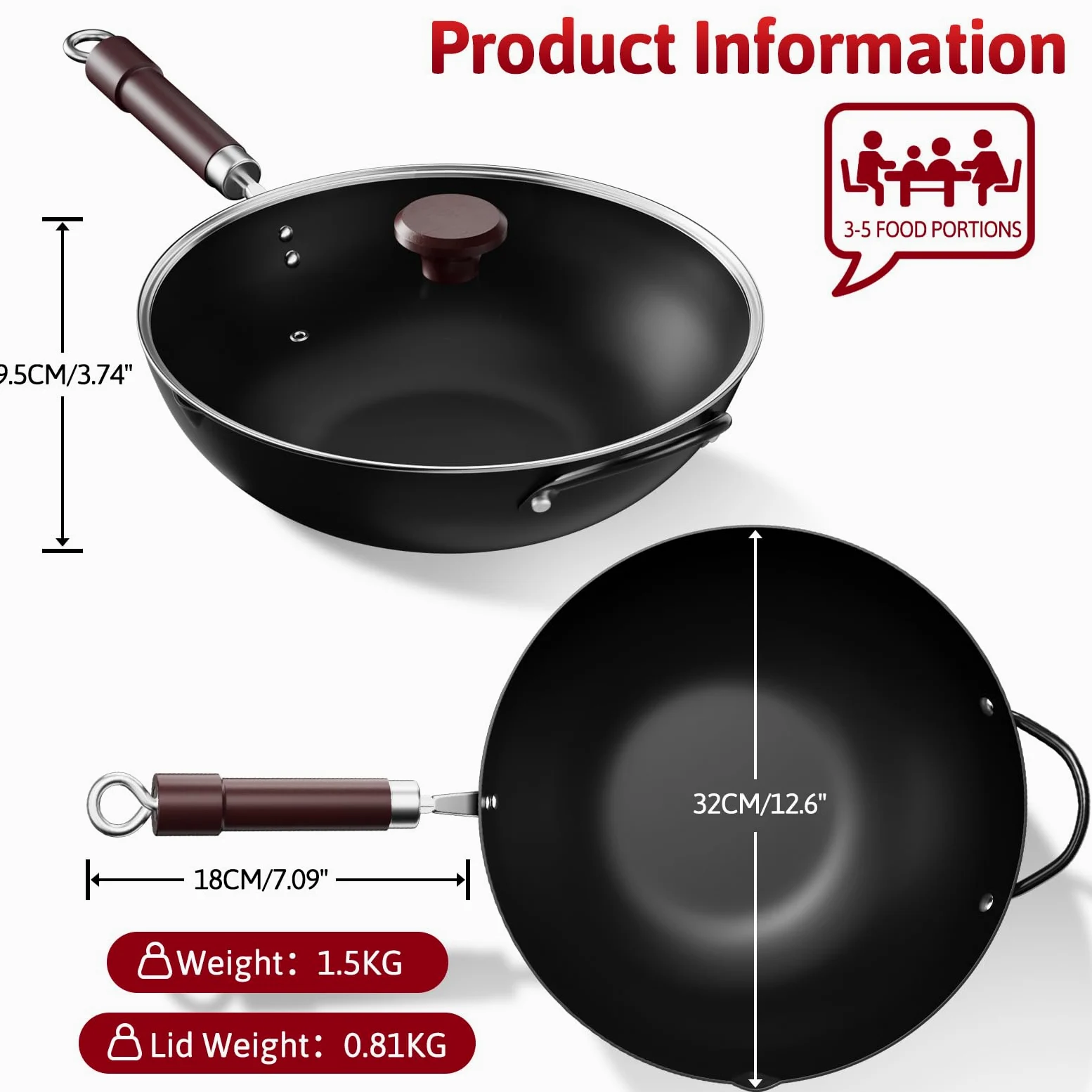 Jobin 32 cm Wok de Acero al Carbono con Tapa, Asas de Madera y Acero, Puede Cocinar Platos Asiáticos Para 3-5 Personas - Fondo Plano