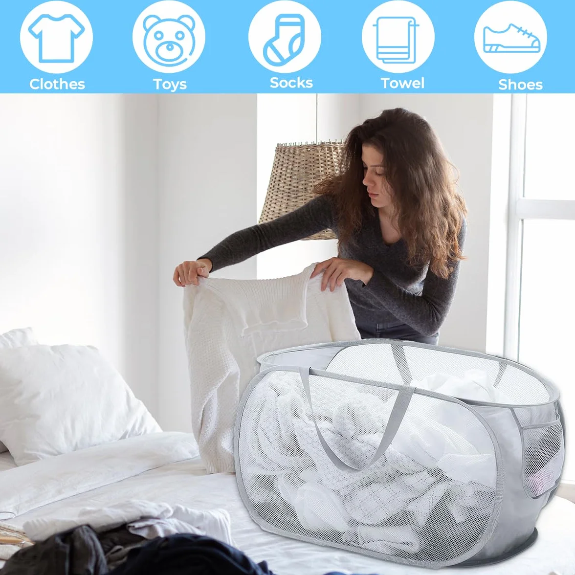 Cesto Plegable de Malla Plegable Pop-Up, 36 X 36 X 58 cm Cesta de Almacenamiento Grande con Bolsillo Lateral, Pop-Up Malla Laundry Basket con Asas, para Baño, Camping, Dormitorio Universitario